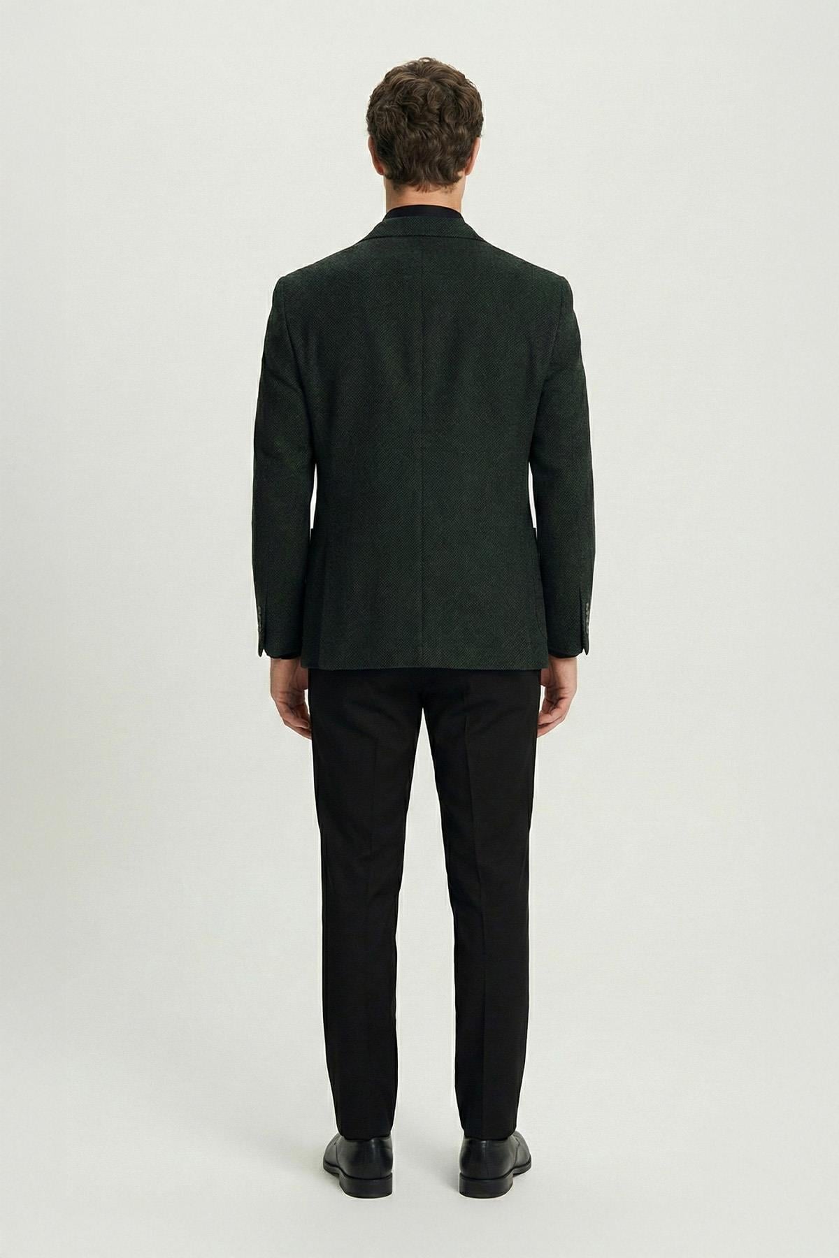 Men's Green Slim Fit Wool Blend Patch Pocket Stand-Up Collar 4 Drop Jacket