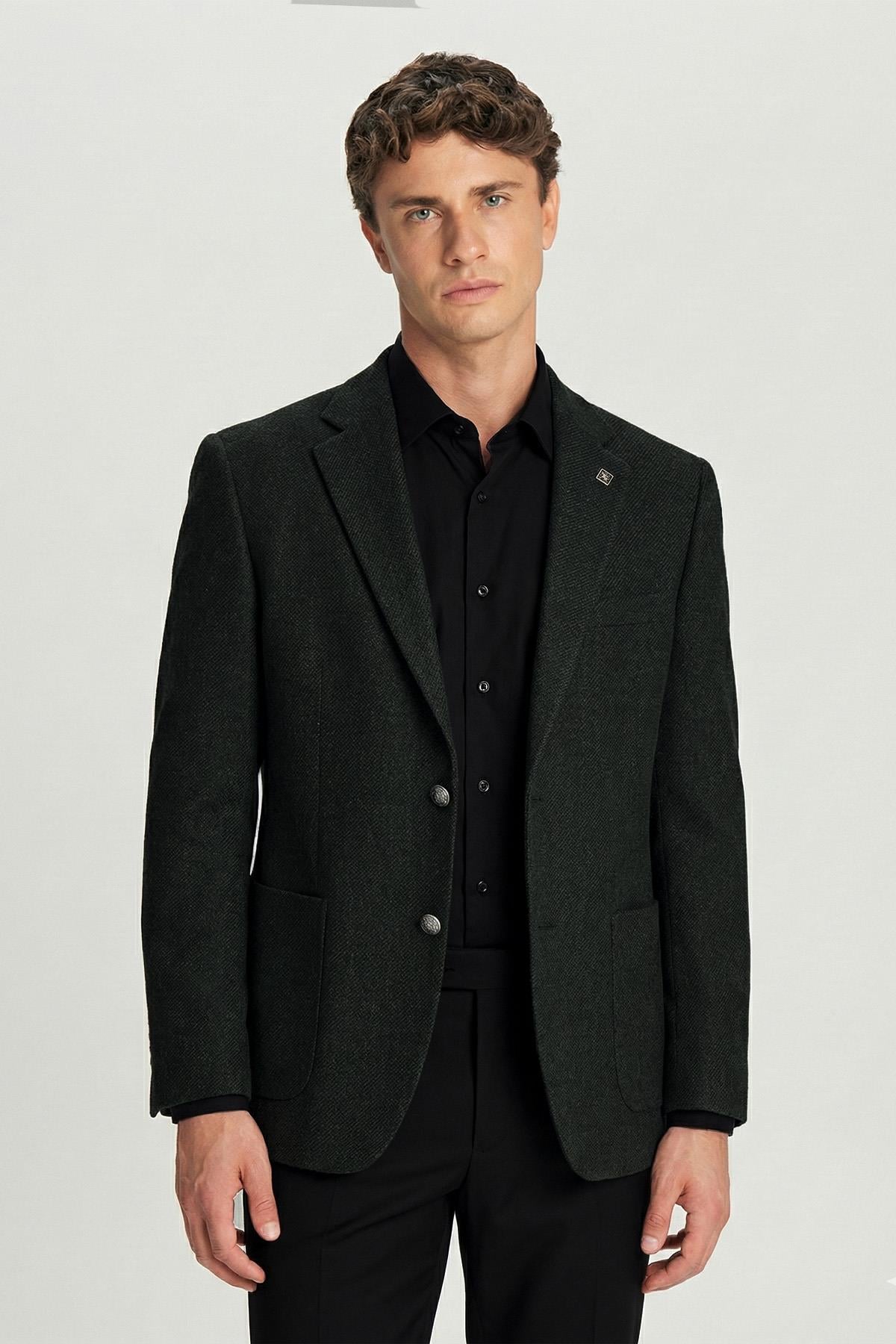 Men's Green Slim Fit Wool Blend Patch Pocket Stand-Up Collar 4 Drop Jacket