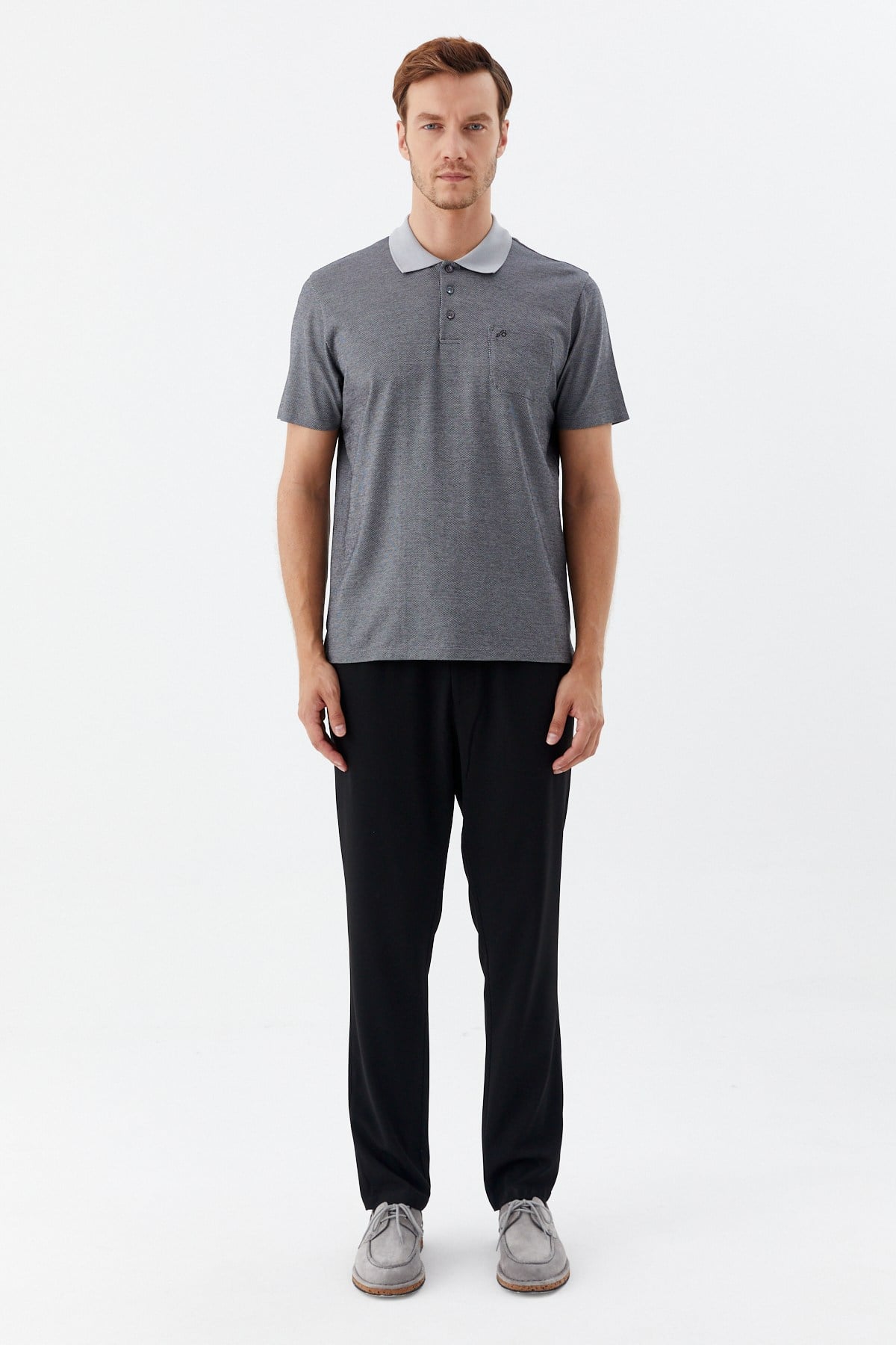Siyah %100 Pamuk Regular Fit Jakar Desenli Cepli Polo Yaka T-Shirt