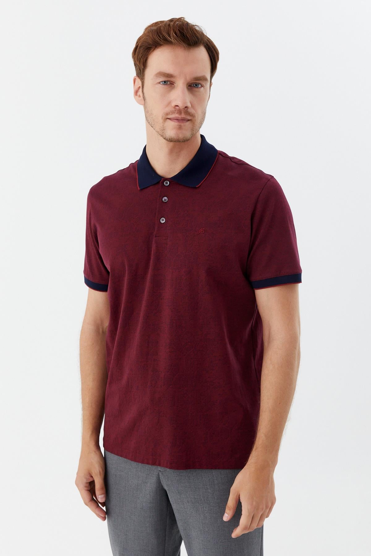 Düğmeli Polo Yaka Desenli Erkek T-Shirt Lacivert