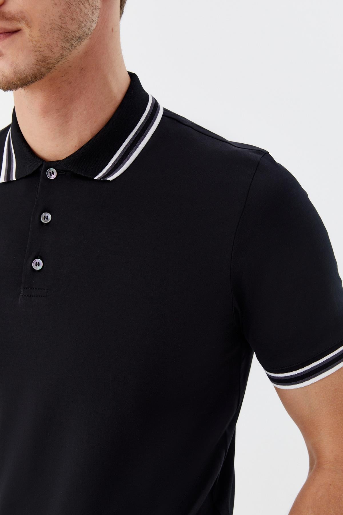 Siyah Slim Fit %100 Pamuk Düğmeli Polo Yaka T-Shirt
