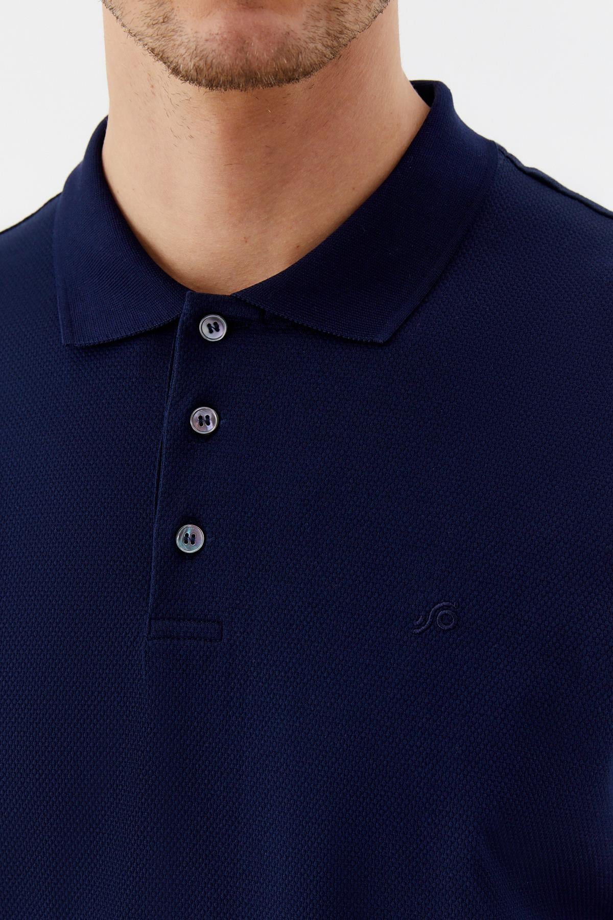 Erkek Lacivert Dar Kesim Slim Fit %100 Pamuk Dokuma Düğmeli Polo Yaka Tişört