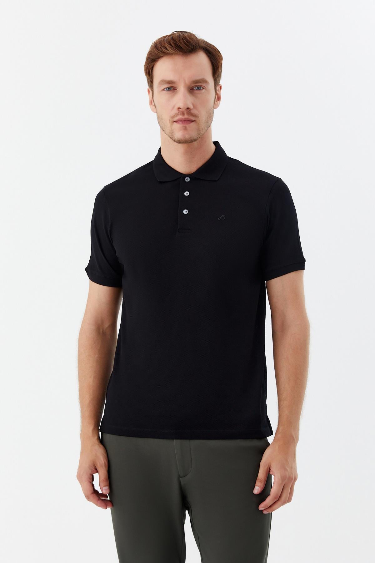 Erkek Siyah Dar Kesim Slim Fit %100 Pamuk Dokuma Düğmeli Polo Yaka T-Shirt