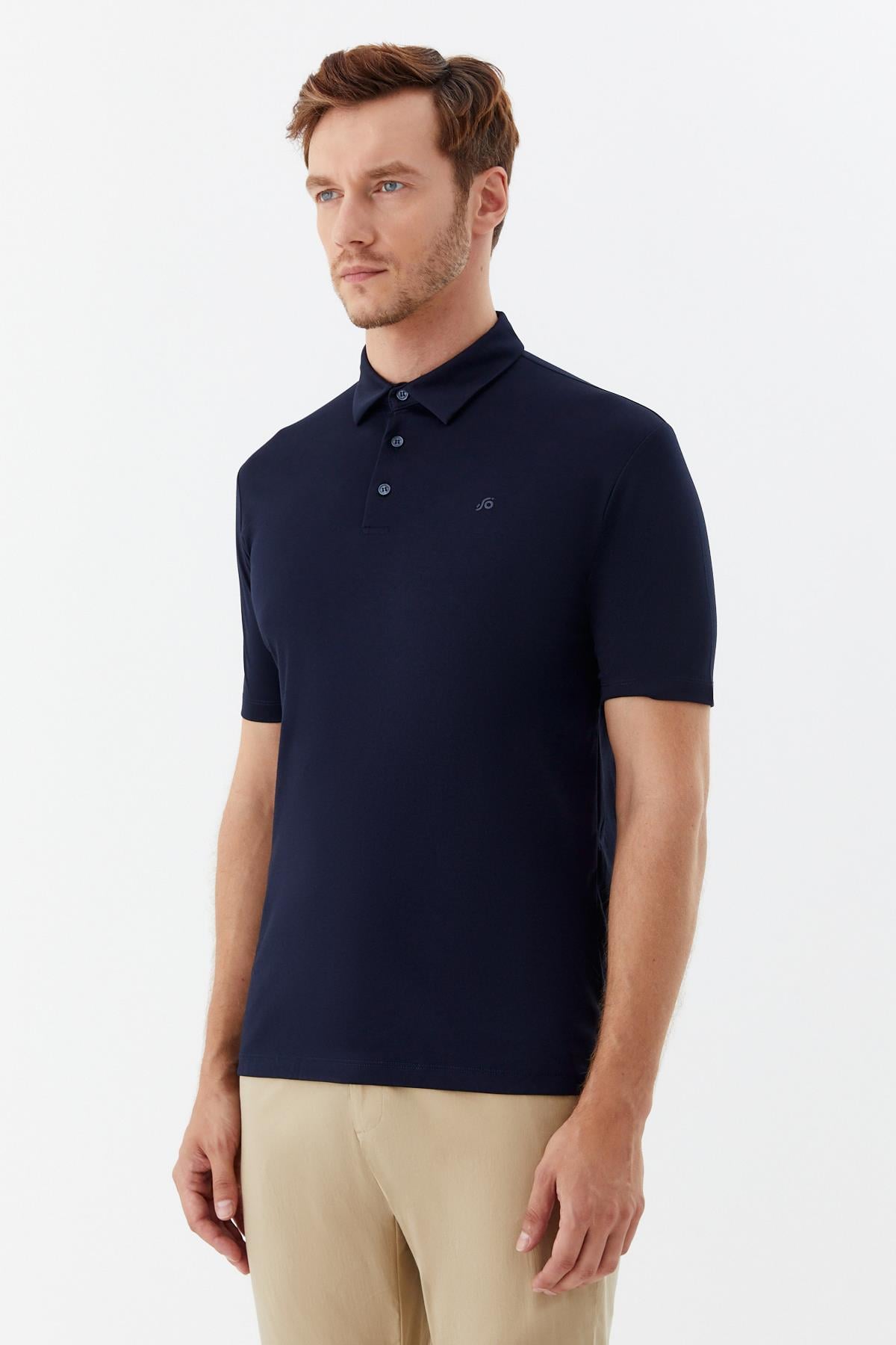 Erkek Lacivert Dar Kesim Slim Fit Pamuklu Pike Polo Yaka Tişört
