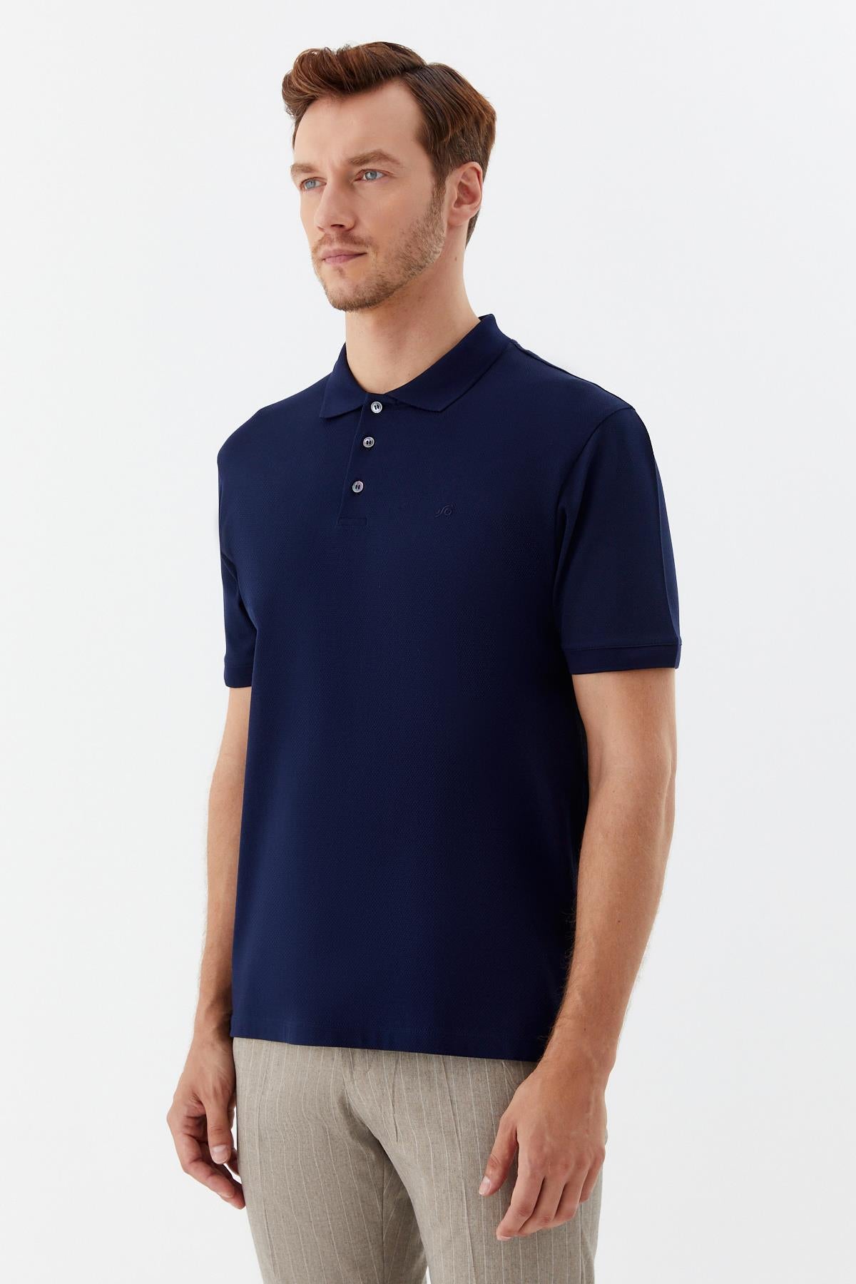 Lacivert %100 Pamuk Dokuma Slim Fit Polo Yaka T-Shirt