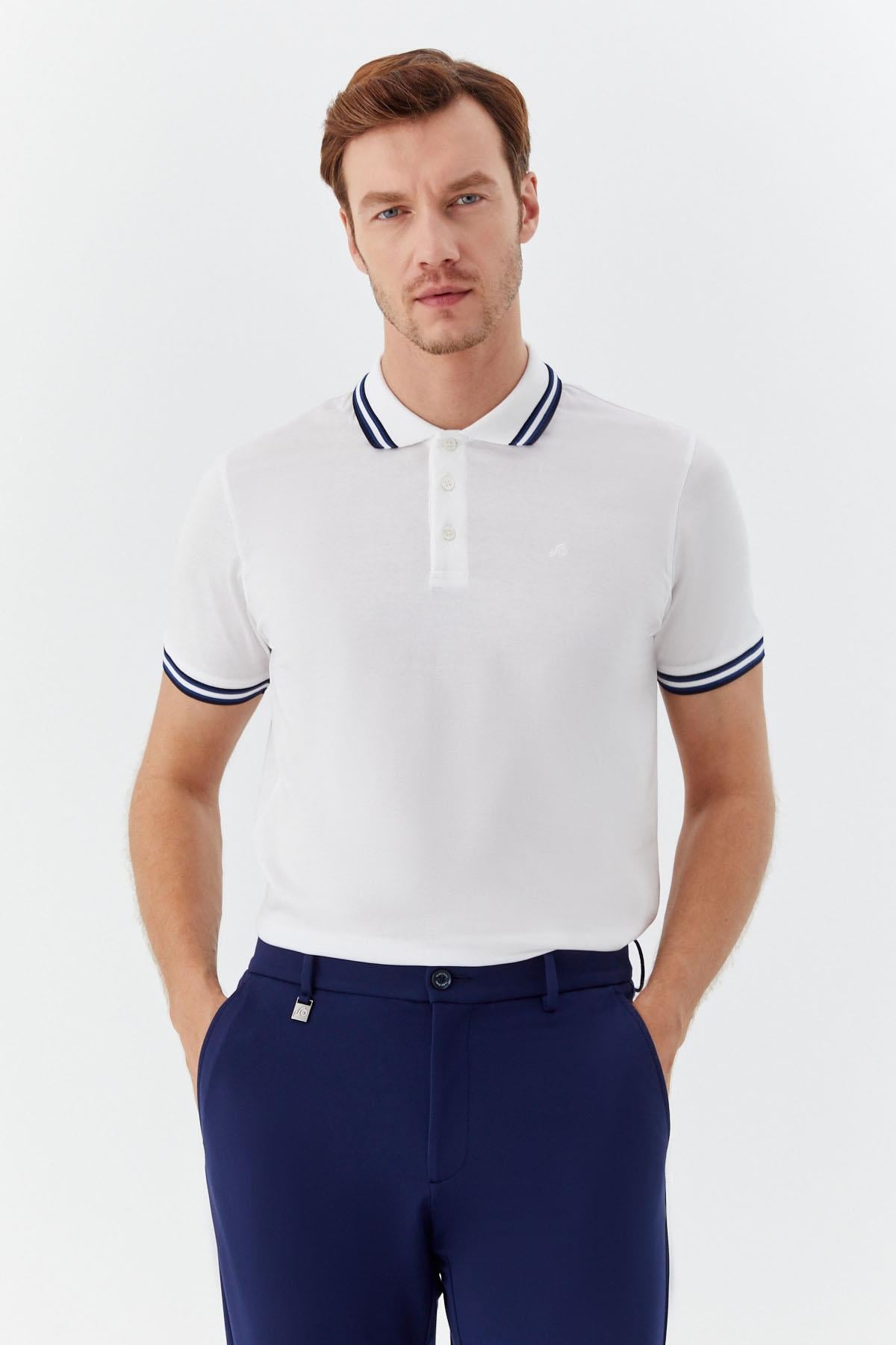 Beyaz Slim Fit %100 Pamuk Düğmeli Polo Yaka T-Shirt
