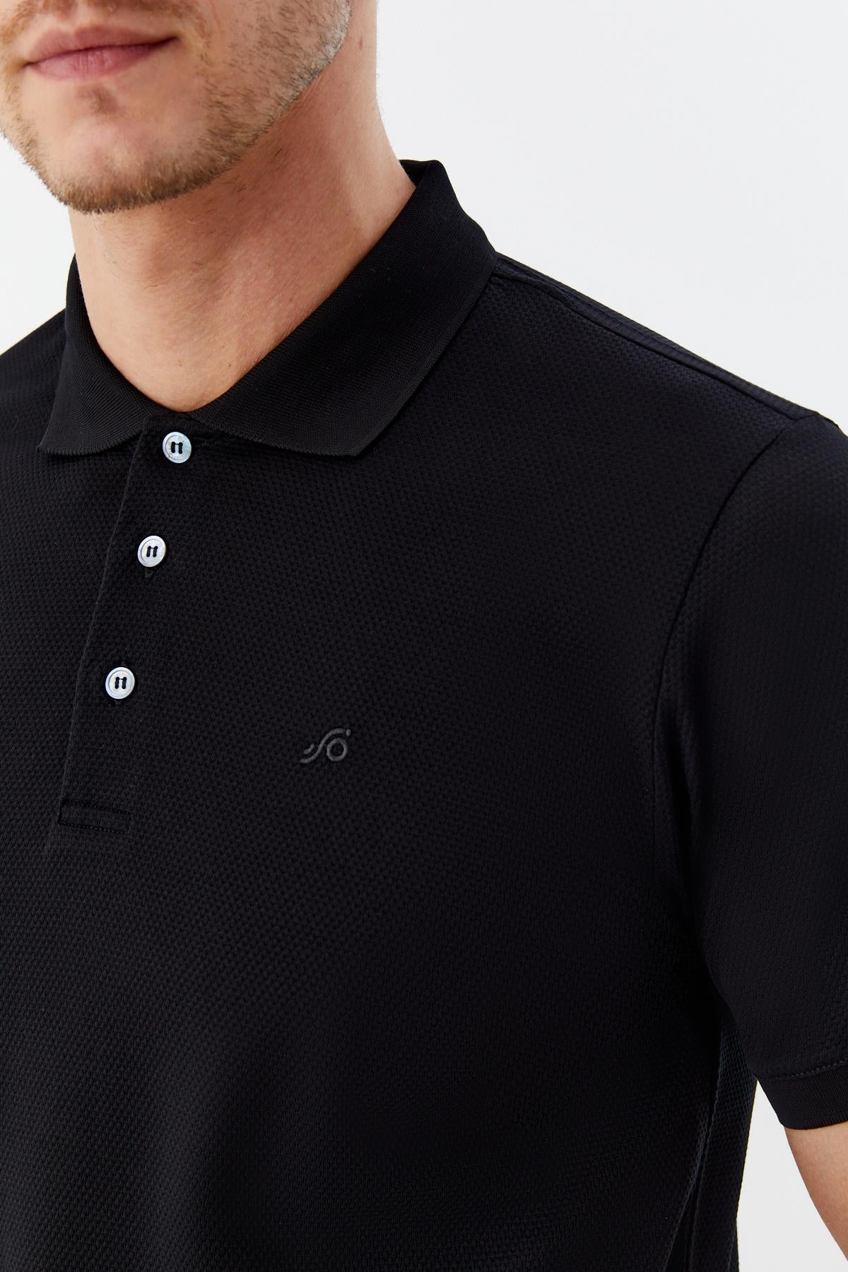 Siyah %100 Pamuk Dokuma Slim Fit Polo Yaka T-Shirt