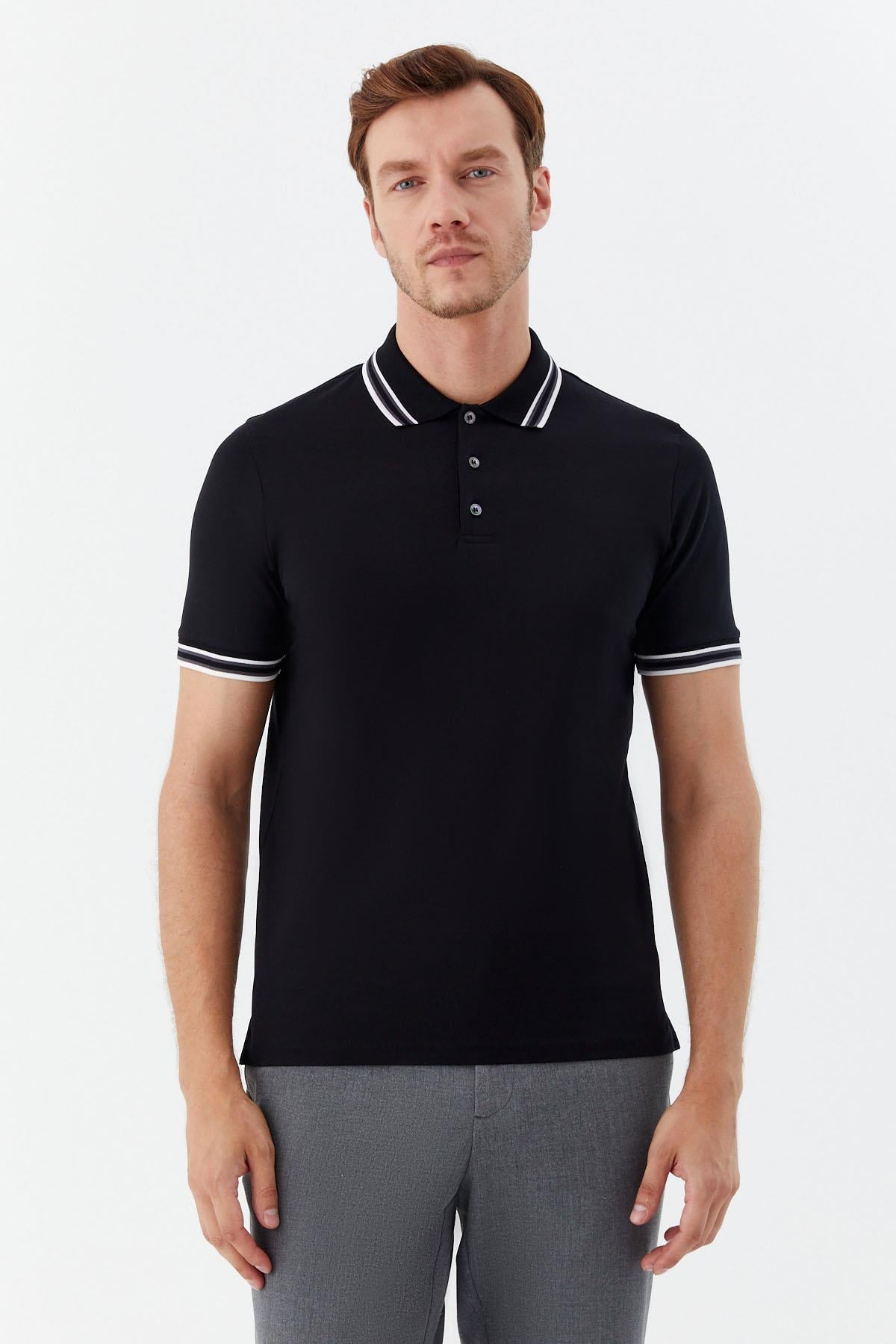 Siyah Slim Fit %100 Pamuk Düğmeli Polo Yaka T-Shirt