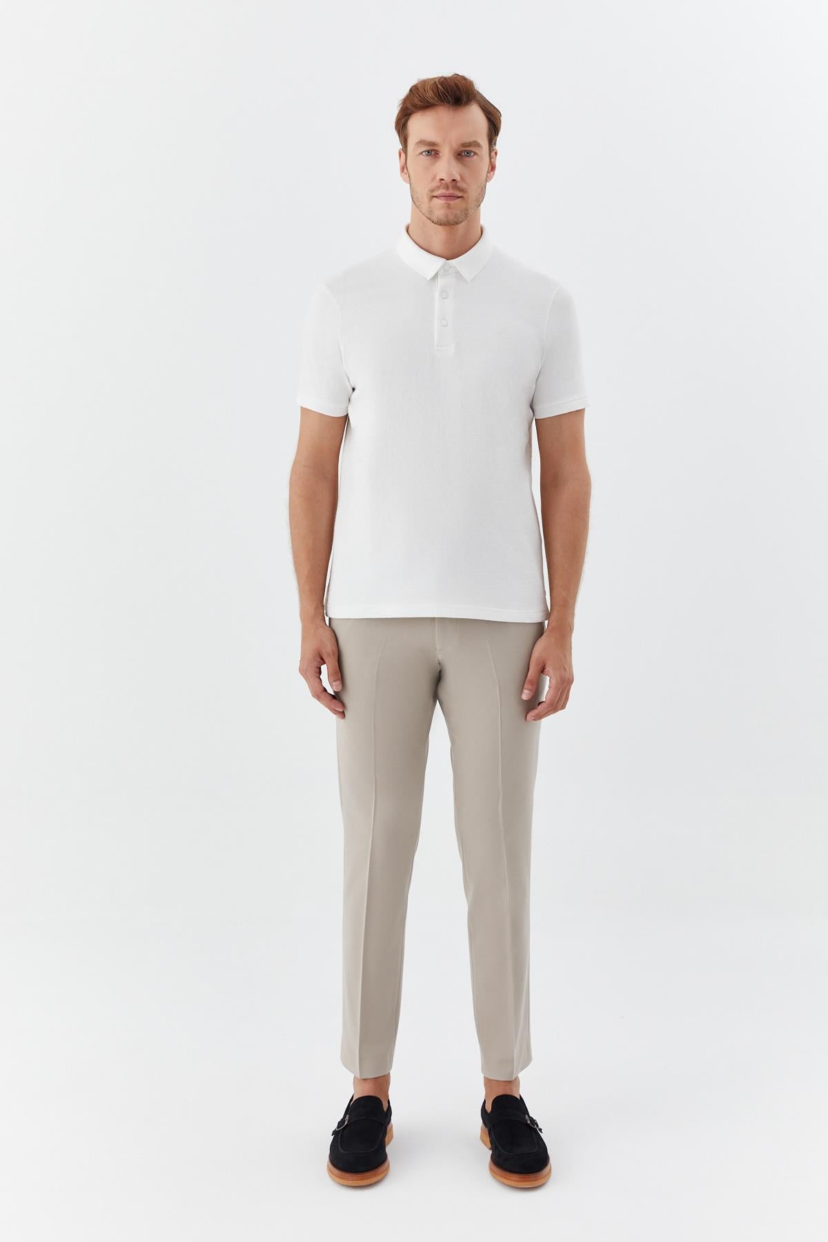 Erkek Ekru Normal Kesim Regular Fit Modal Düğmeli Pike Polo Yaka Tişört