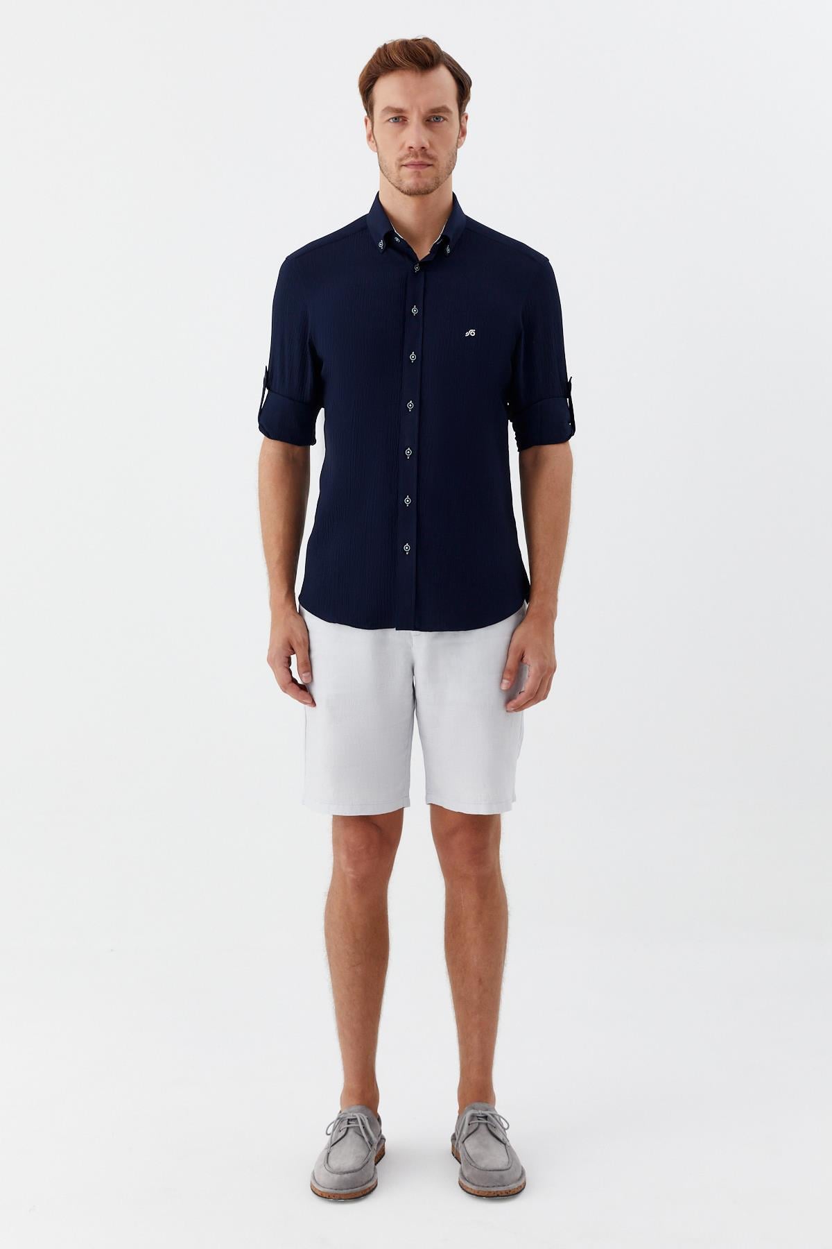 Erkek Lacivert Dar Kesim Slim Fit %100 Pamuk Uzun Kollu Düğmeli Yaka Gömlek