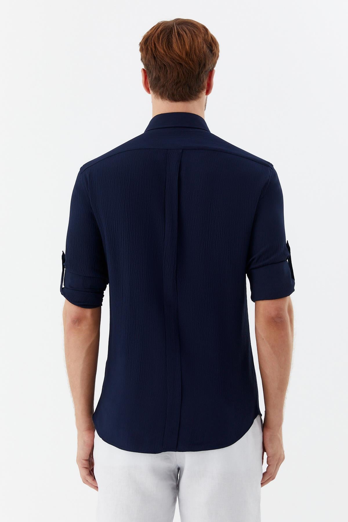 Erkek Lacivert Dar Kesim Slim Fit %100 Pamuk Uzun Kollu Düğmeli Yaka Gömlek