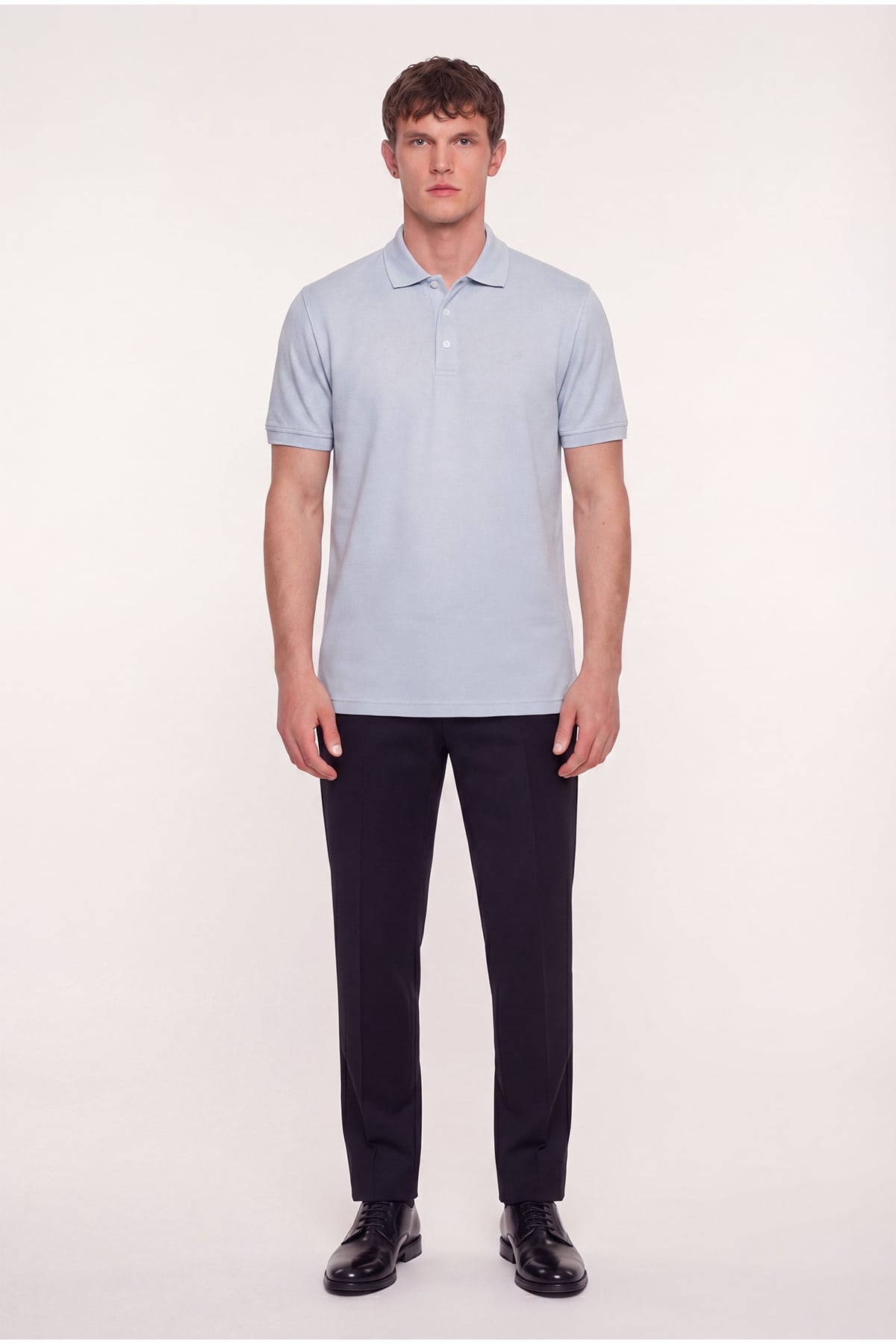 Erkek Açık Gri Dar Kesim Slim Fit %100 Pamuk Dokuma Düğmeli Polo Yaka Tişört