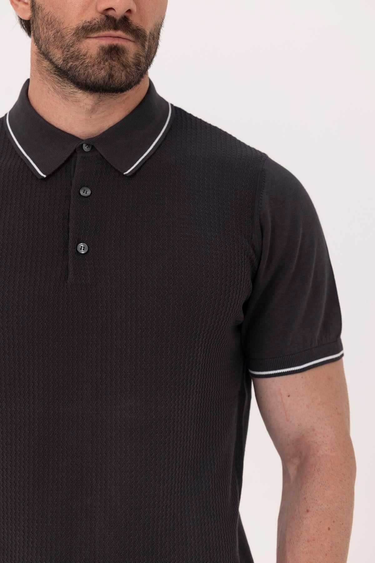 Erkek Antrasit Dar Kesim Slim Fit %100 Pamuk Jakarlı Triko Polo Yaka Tişört