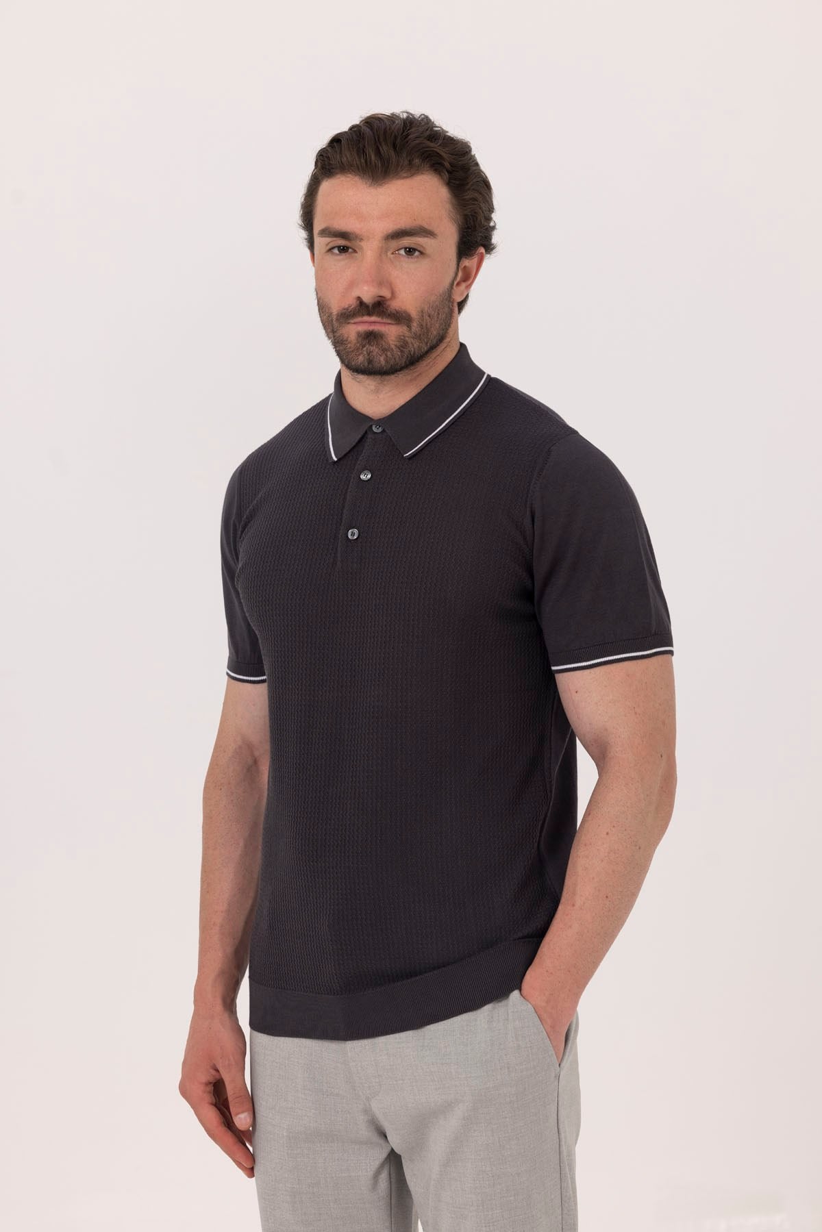 Erkek Antrasit Dar Kesim Slim Fit %100 Pamuk Jakarlı Triko Polo Yaka Tişört