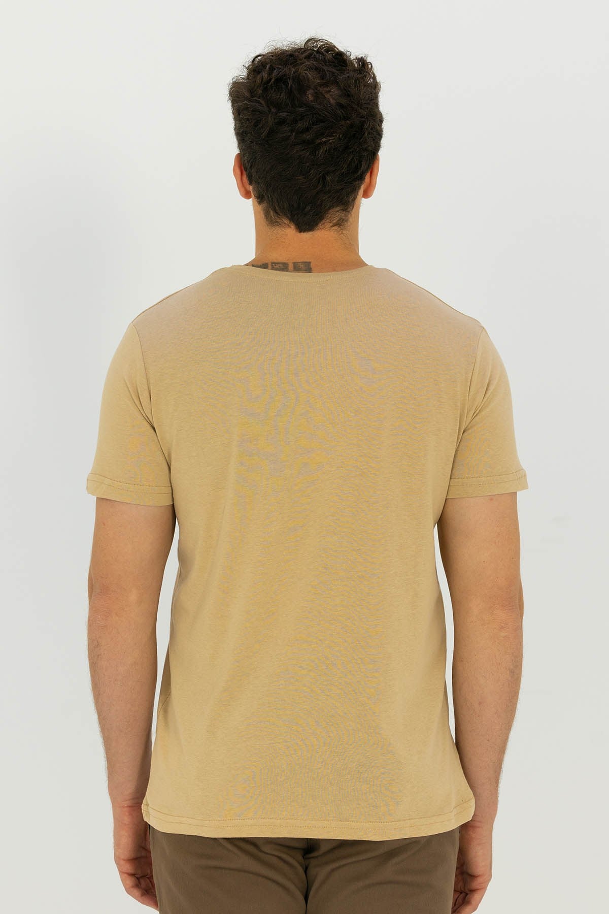 Bej %100 Pamuk Bisiklet Yaka Düz Renk Basic T-Shirt