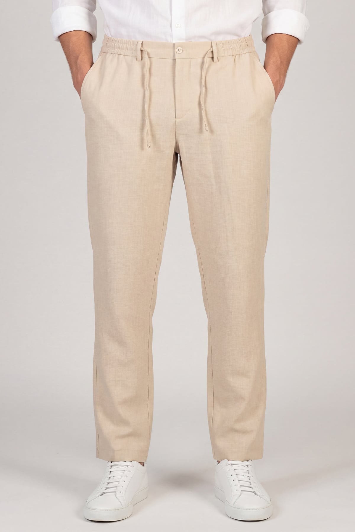 Erkek Bej Normal Kesim Regular Fit Viskon Bel Lastikli Düz Paça Pantolon