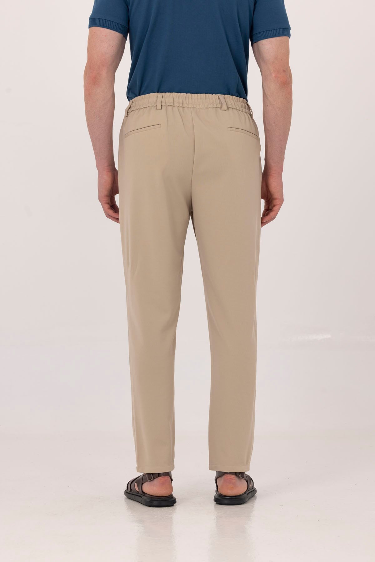 Bej Dokulu Arka Lastikli Köprü Kemerli Bağcıklı Slim Fit Jogger Pantolon