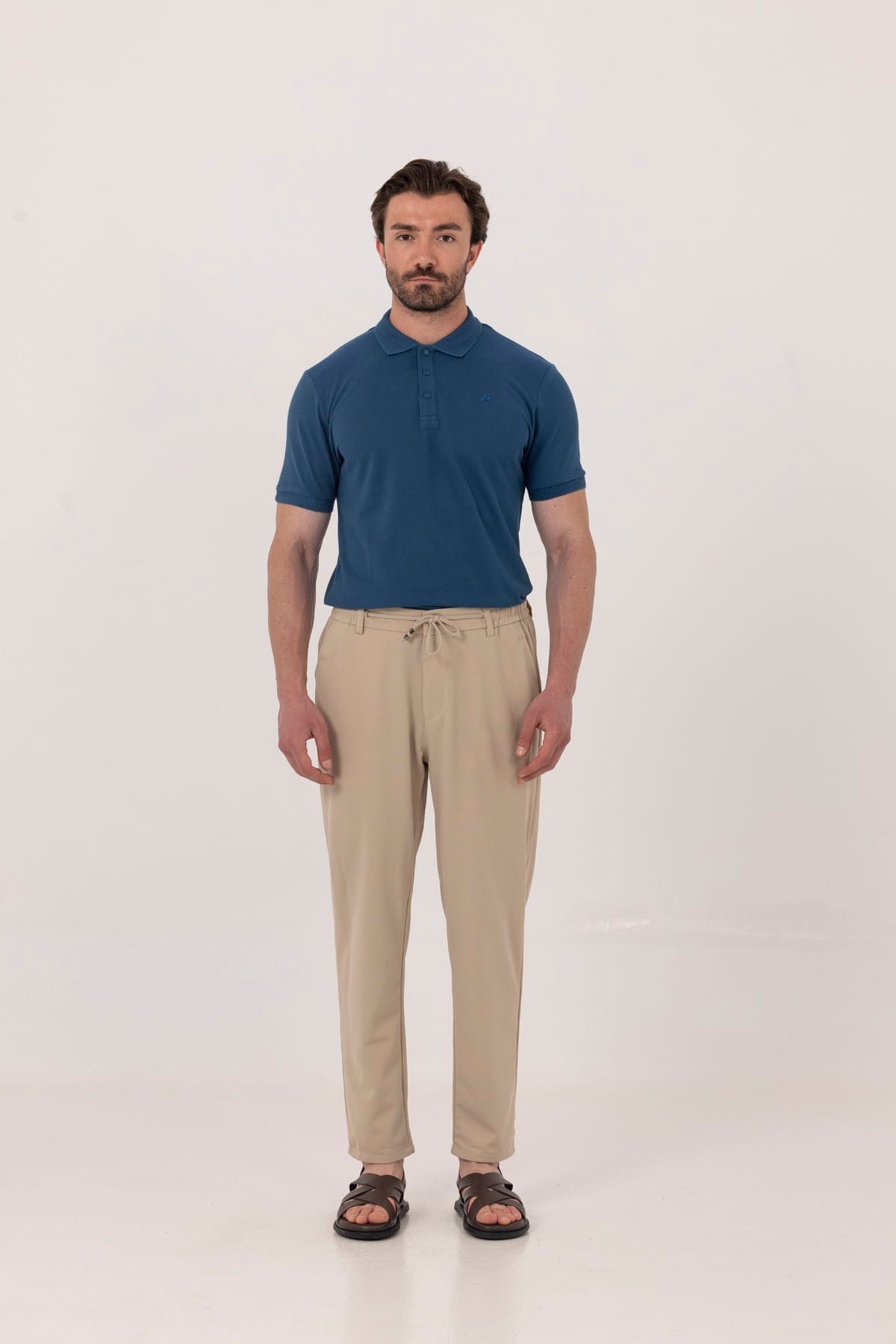 Bej Dokulu Arka Lastikli Köprü Kemerli Bağcıklı Slim Fit Jogger Pantolon