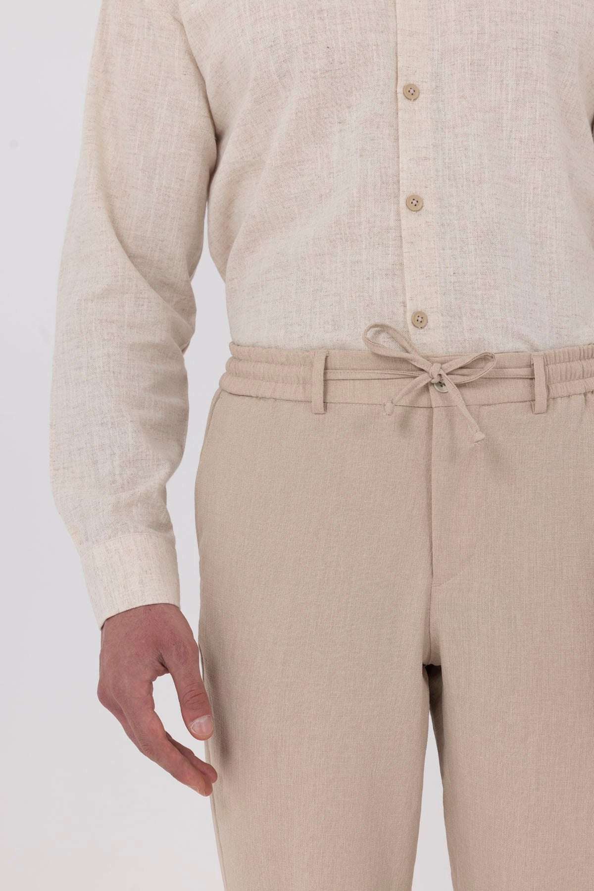 Bej Keten Görünümlü Arka Lastikli Köprü Kemerli Bağcıklı Regular Fit Jogger Pantolon