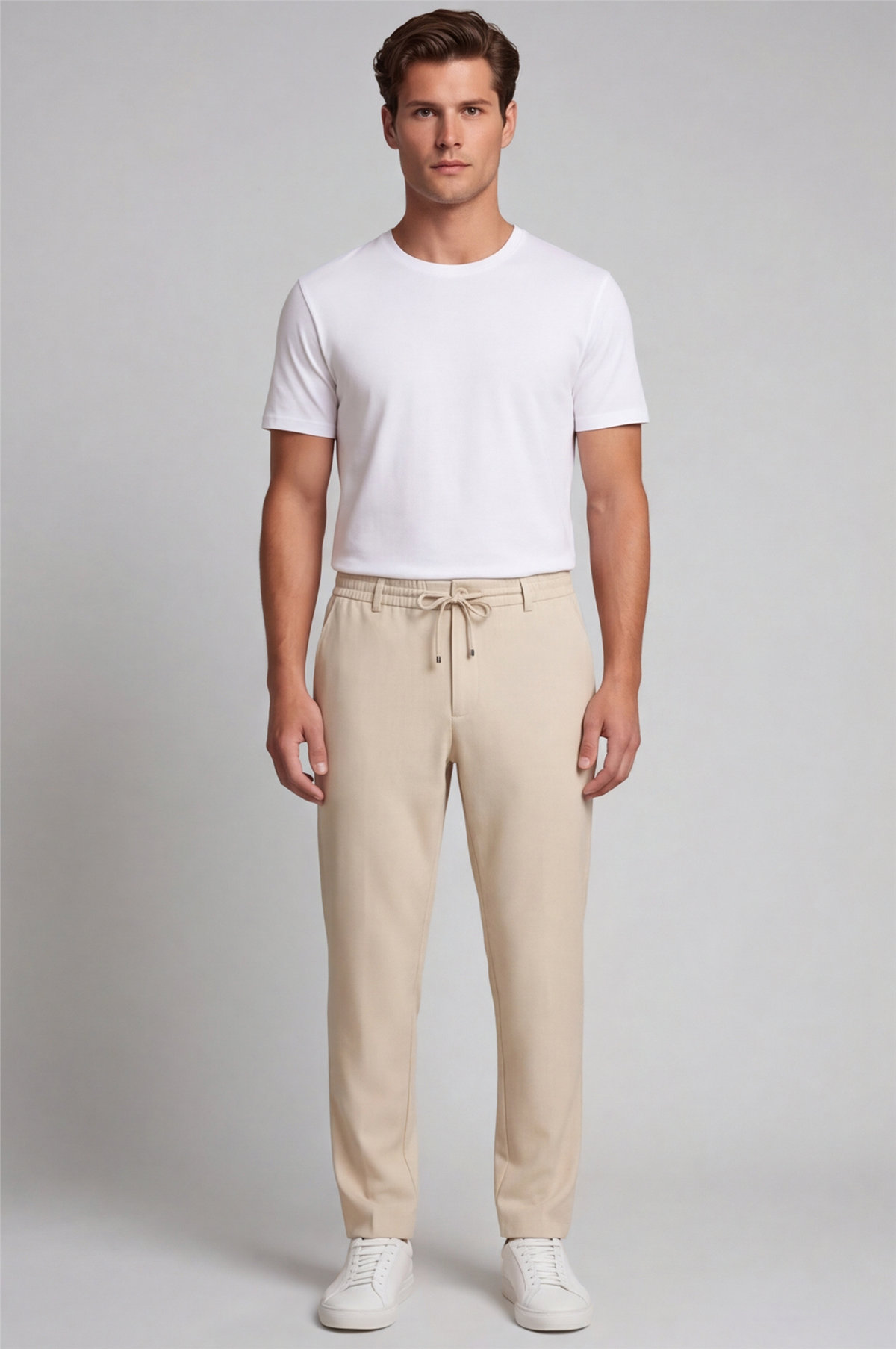 Erkek Bej Normal Kesim Regular Fit Pamuklu Armürlü Bel Lastikli Jogger Pantolon
