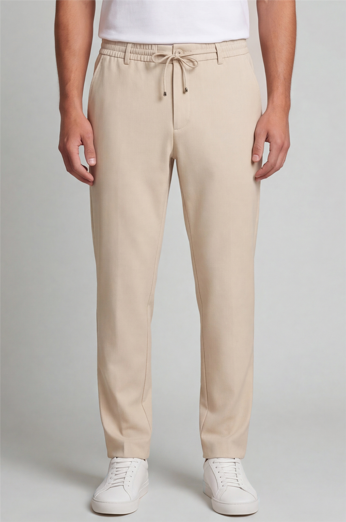 Erkek Bej Normal Kesim Regular Fit Pamuklu Armürlü Bel Lastikli Jogger Pantolon