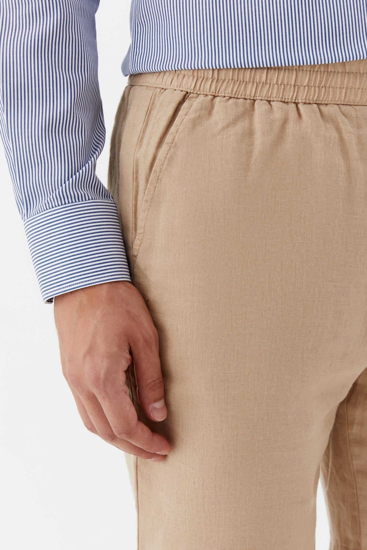 Erkek Kum Normal Kesim Regular Fit %100 Keten Lastikli Bel Bermuda Şort