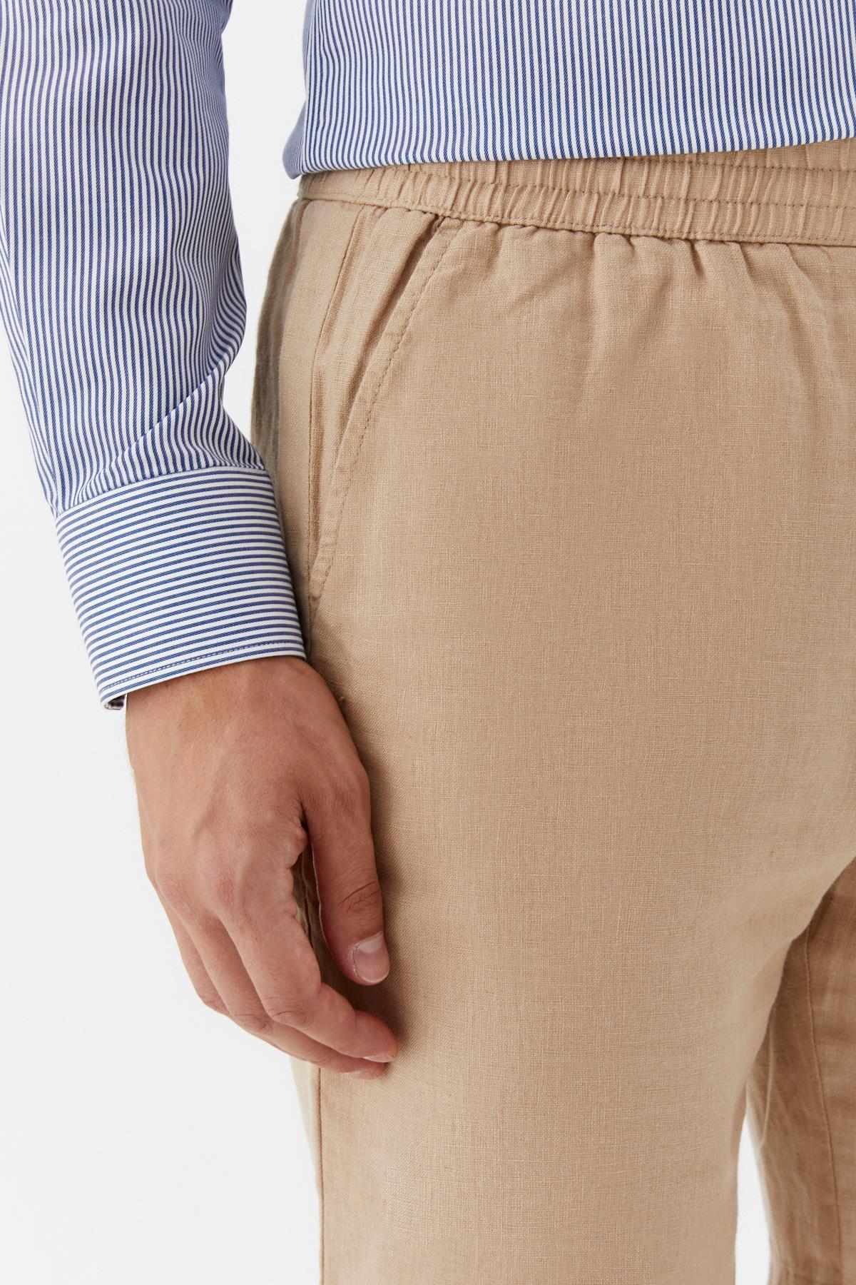 Kum %100 Keten Regular Fit Beli Lastikli Bermuda Şort