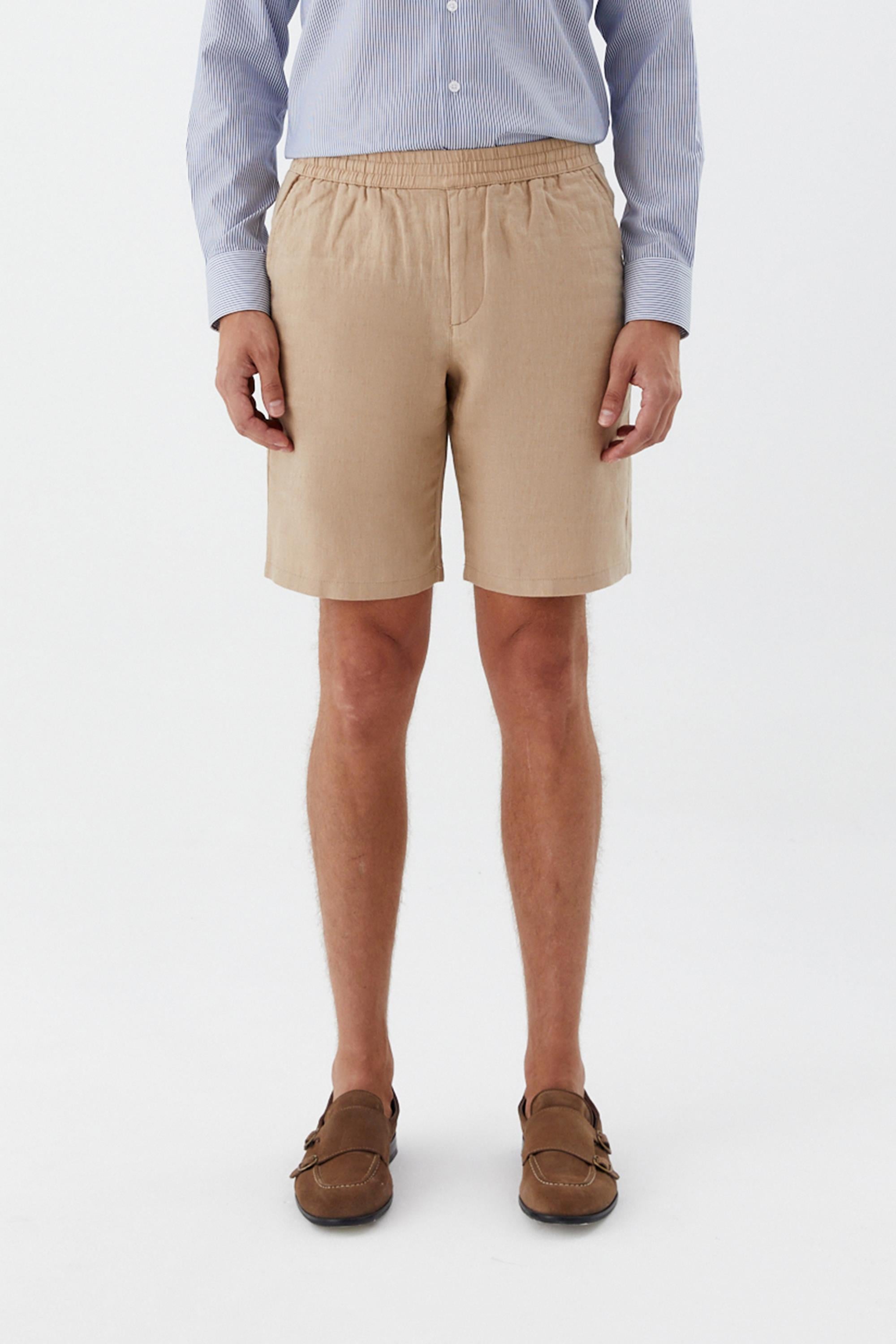 Erkek Kum Normal Kesim Regular Fit %100 Keten Lastikli Bel Bermuda Şort