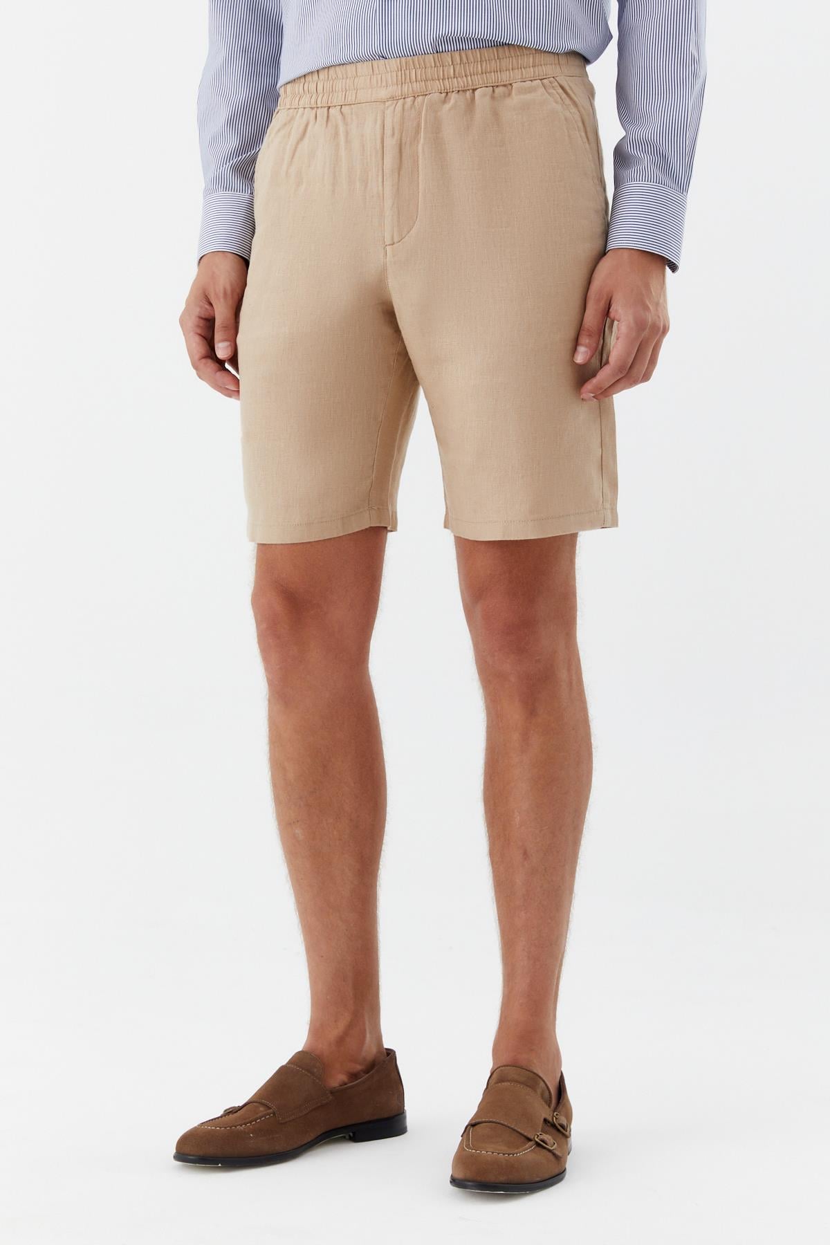 Erkek Kum Normal Kesim Regular Fit %100 Keten Lastikli Bel Bermuda Şort