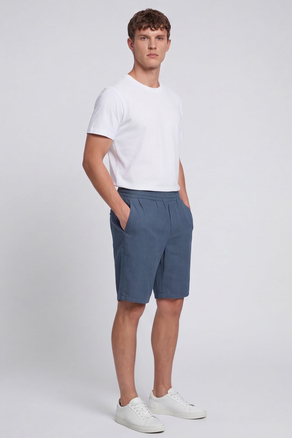 Lacivert %100 Keten Regular Fit Beli Lastikli Bermuda Şort