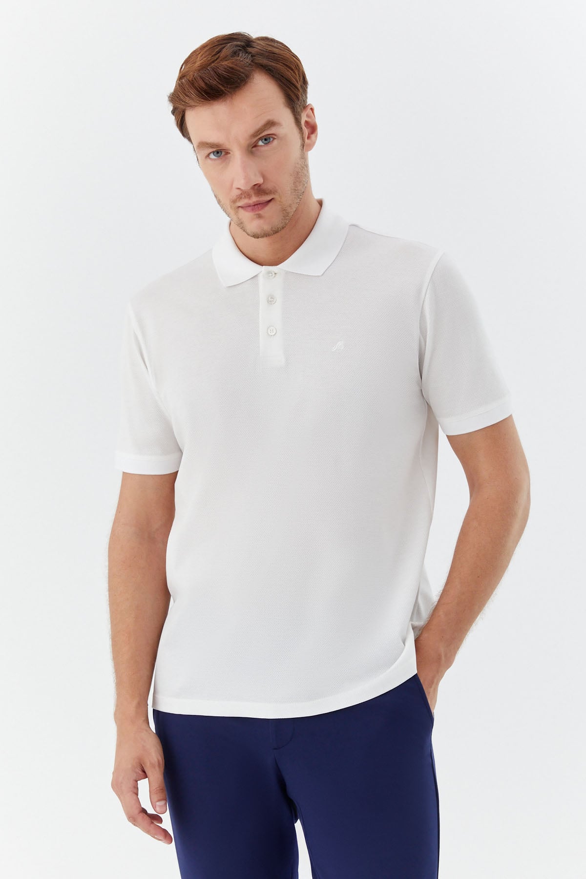 Erkek Beyaz Dar Kesim Slim Fit %100 Pamuk Dokuma Düğmeli Polo Yaka T-Shirt