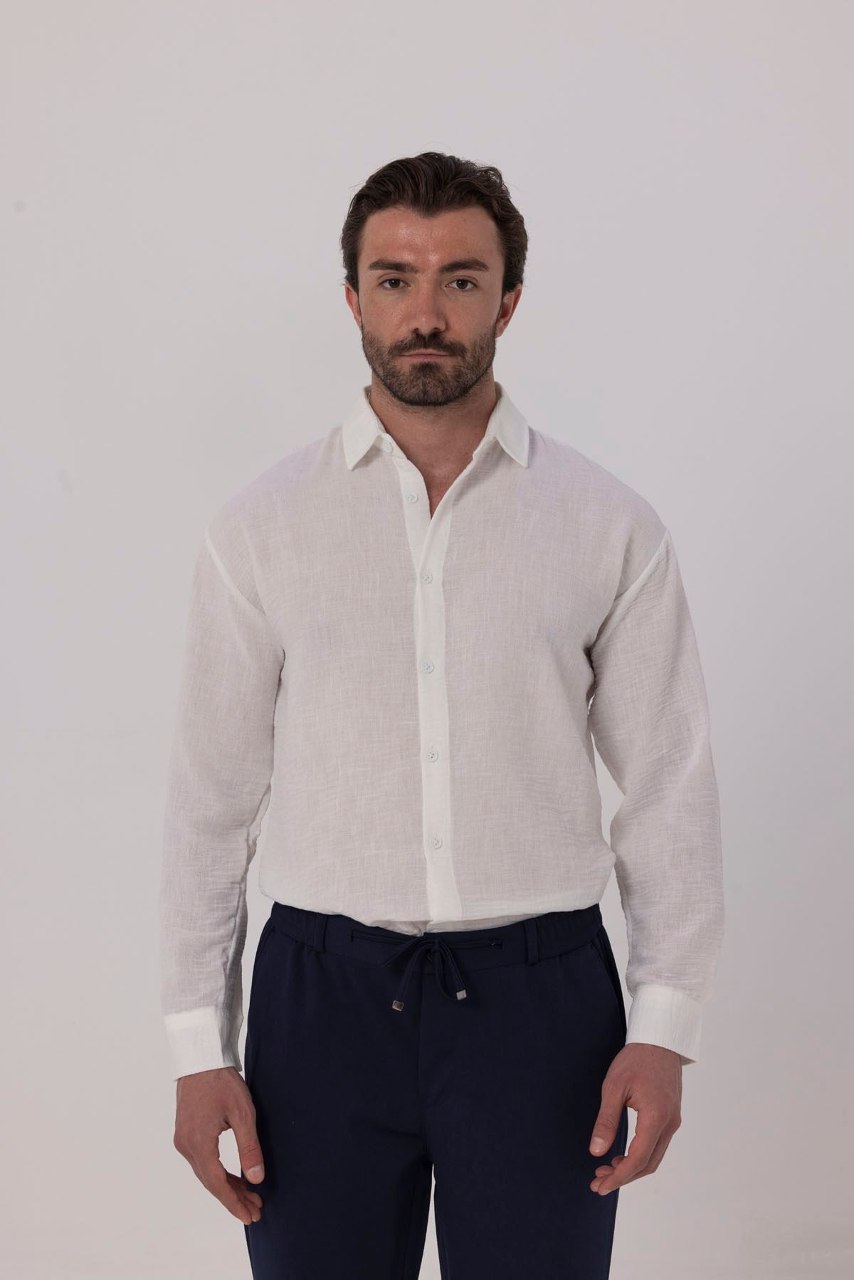 Erkek Beyaz Geniş Kesim Oversize Fit Pamuklu Dokuma Klasik Yaka Keten Gömlek
