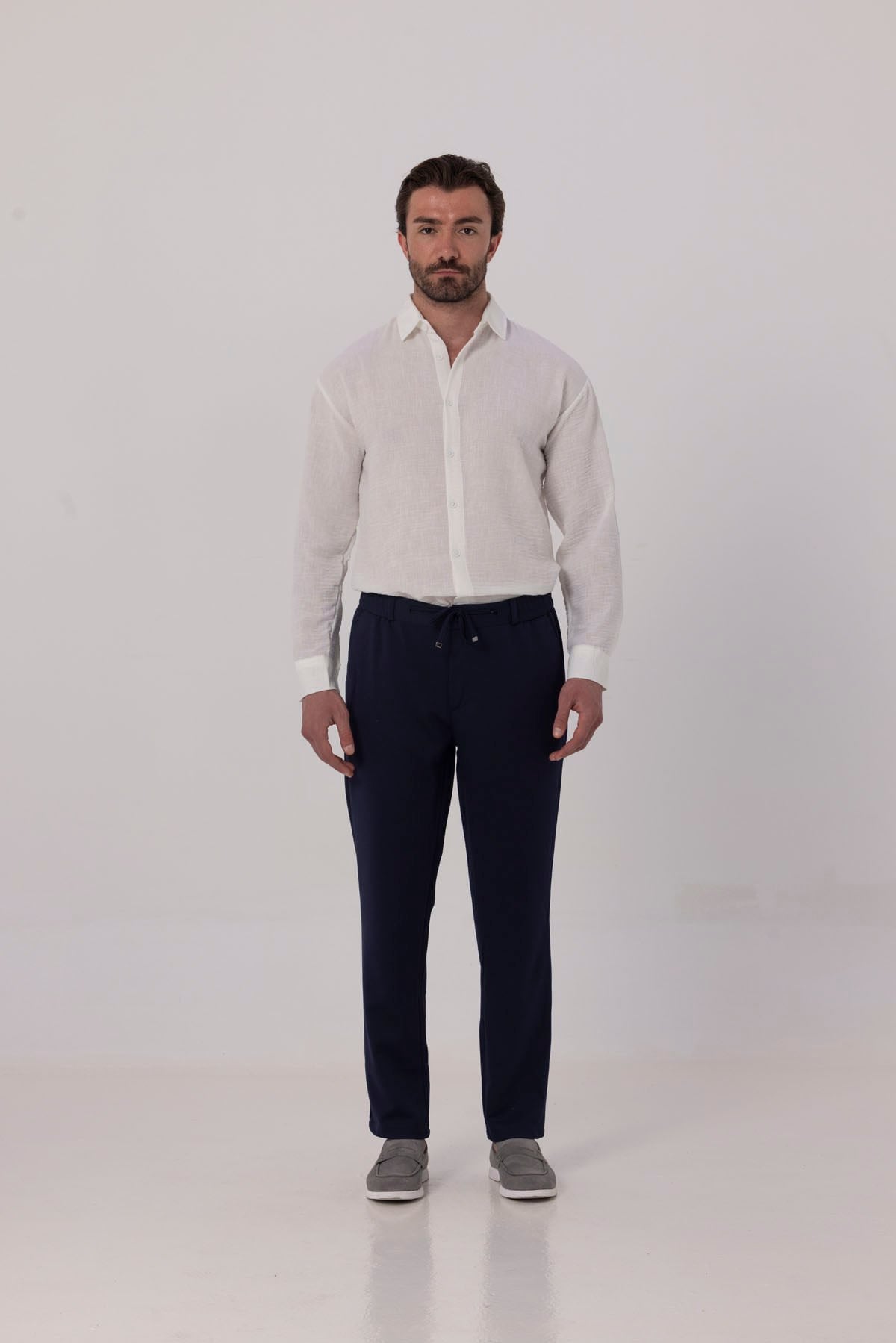 Erkek Beyaz Geniş Kesim Oversize Fit Pamuklu Dokuma Klasik Yaka Keten Gömlek