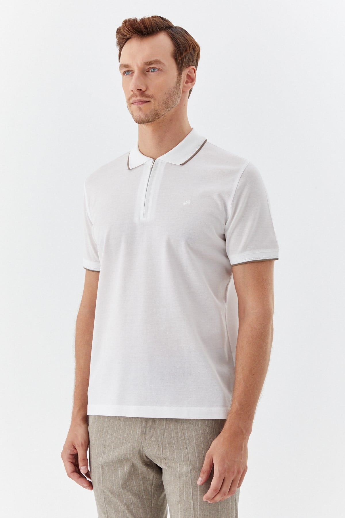 Beyaz Regular Fit %100 Pamuk Fermuarlı Polo Yaka T-Shirt