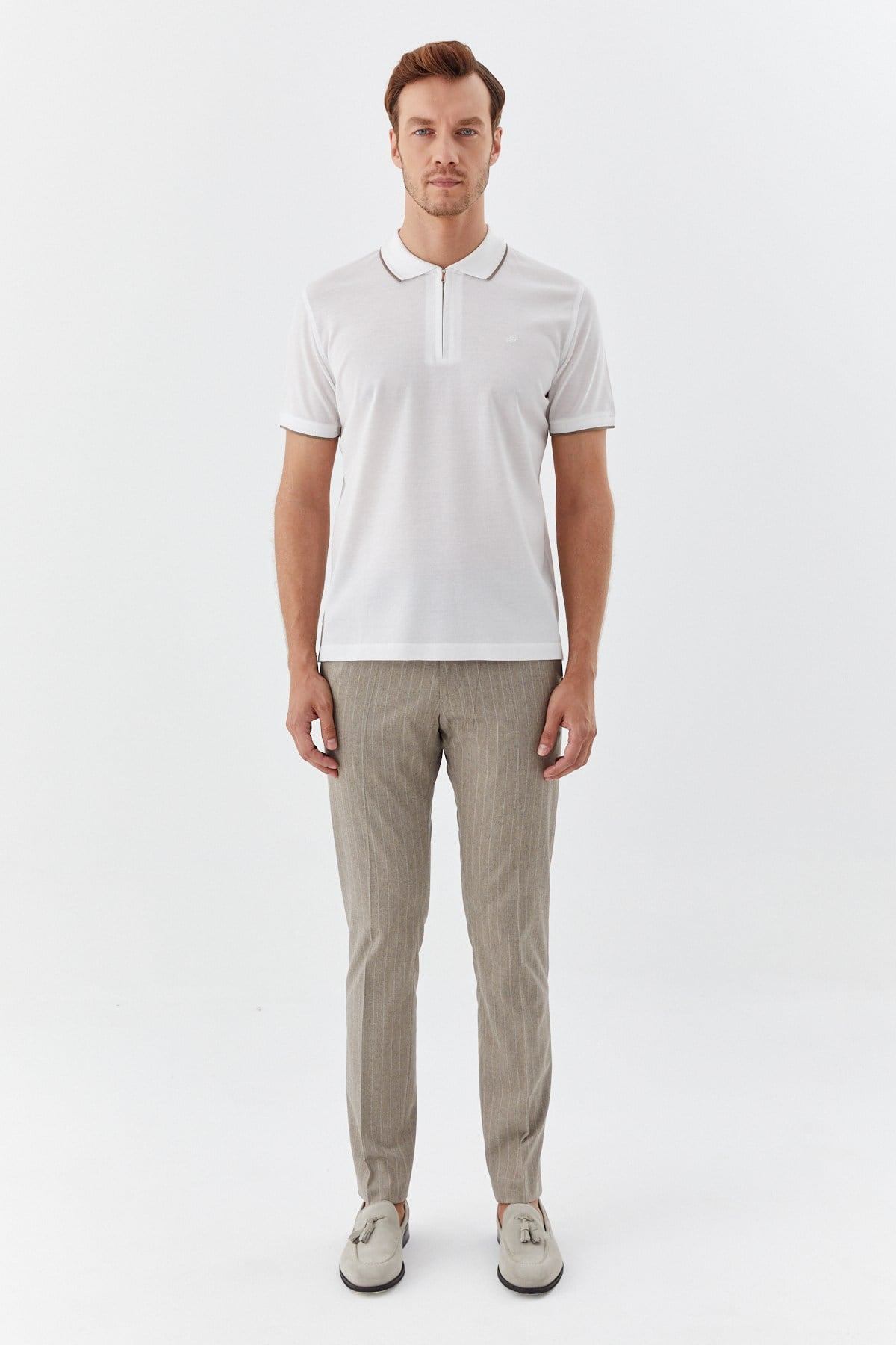 Beyaz Regular Fit %100 Pamuk Fermuarlı Polo Yaka T-Shirt