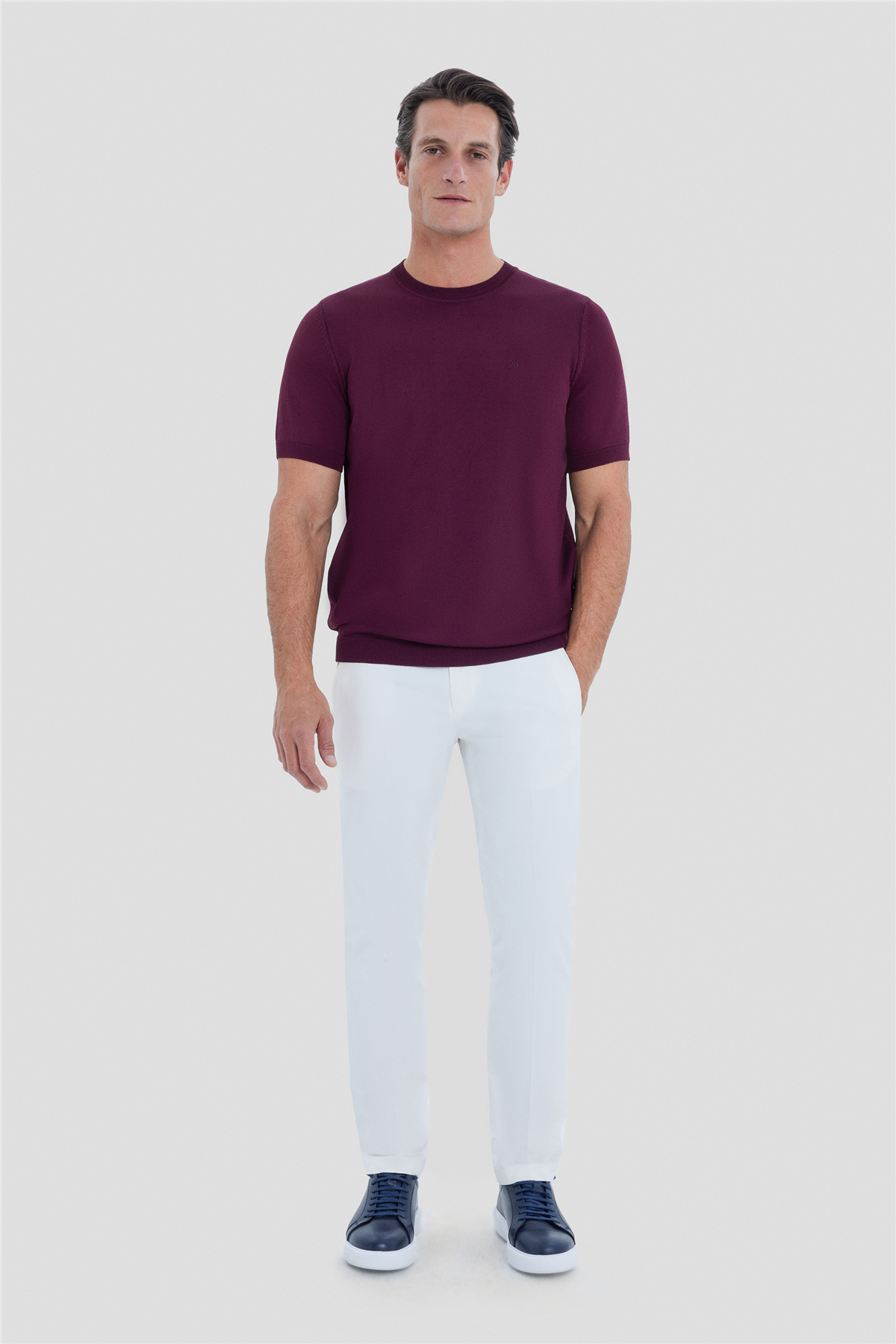Erkek Bordo Dar Kesim Slim Fit Viskon Triko Bisiklet Yaka Tişört