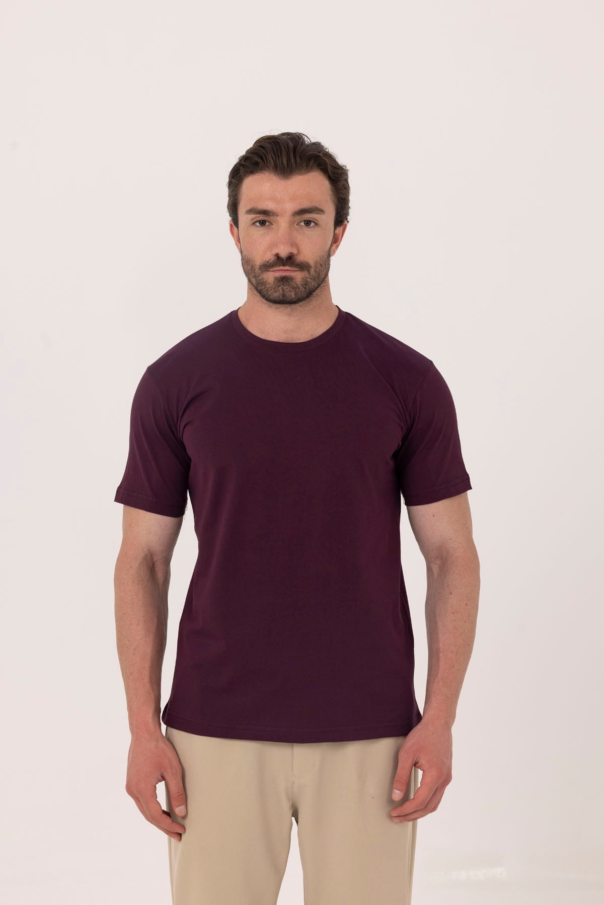 Bordo %100 Pamuk Bisiklet Yaka Düz Renk Basic T-Shirt