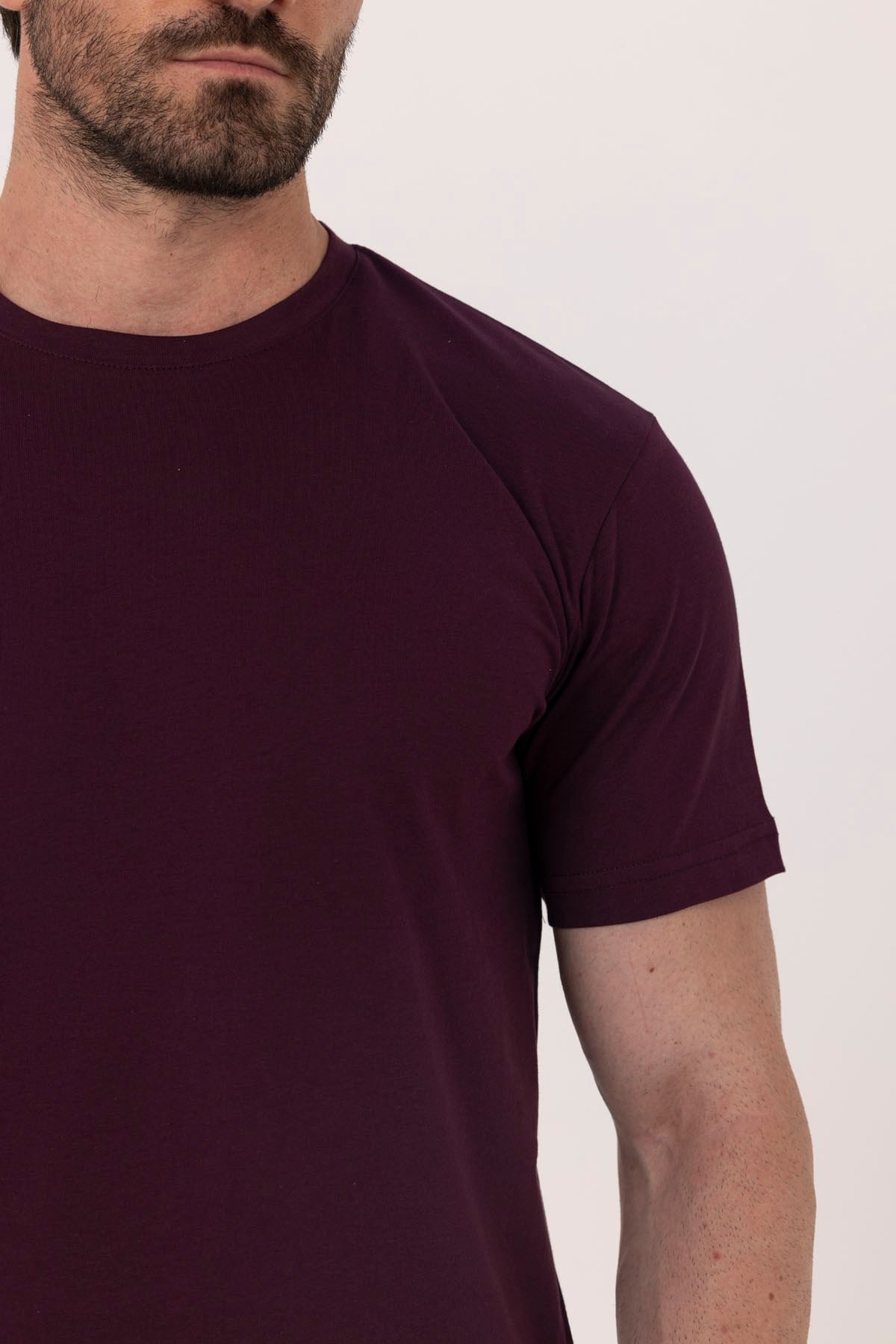 Bordo %100 Pamuk Bisiklet Yaka Düz Renk Basic T-Shirt