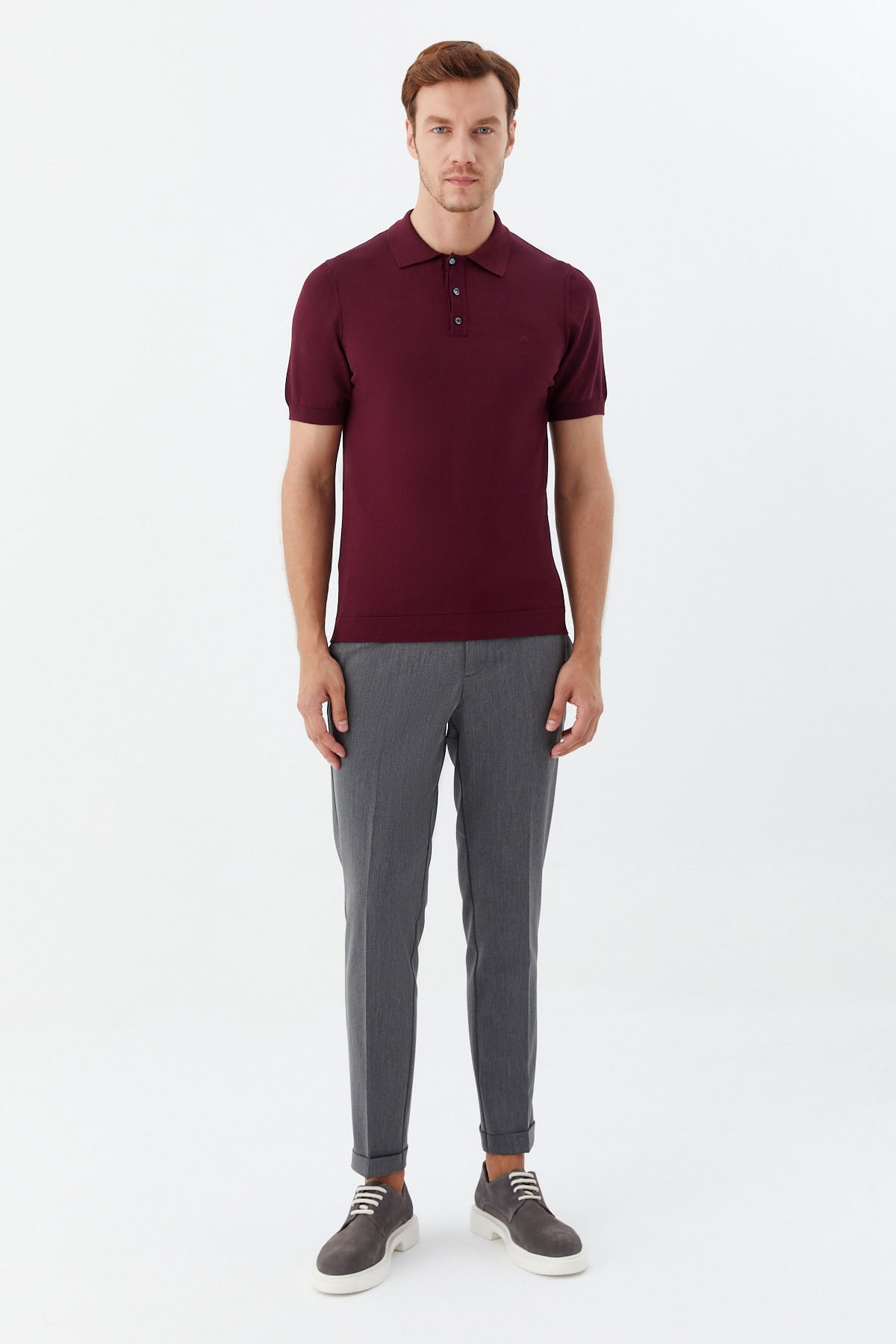 Erkek Bordo Normal Kesim Regular Fit Viskon Pike Düğmeli Polo Yaka Tişört