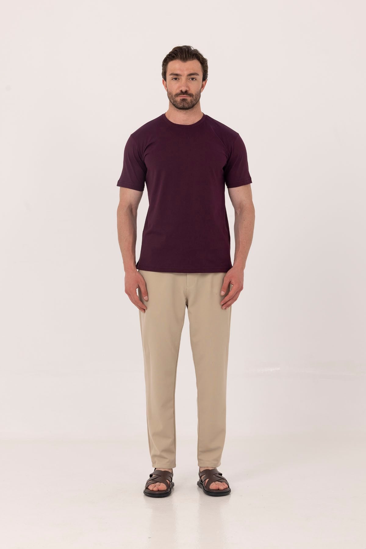 Bordo %100 Pamuk Bisiklet Yaka Düz Renk Basic T-Shirt