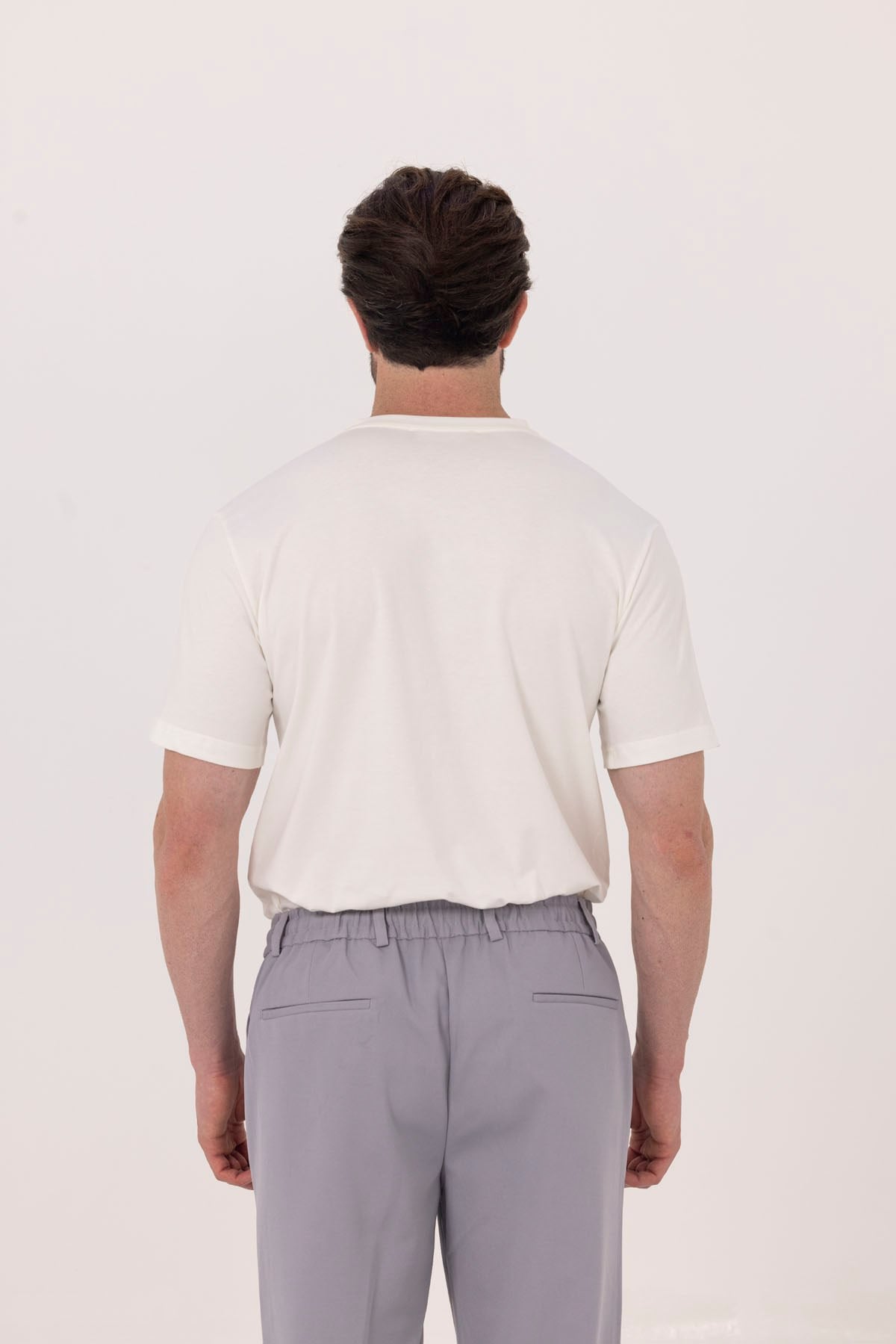 Ekru %100 Pamuk Bisiklet Yaka Düz Renk Basic T-Shirt