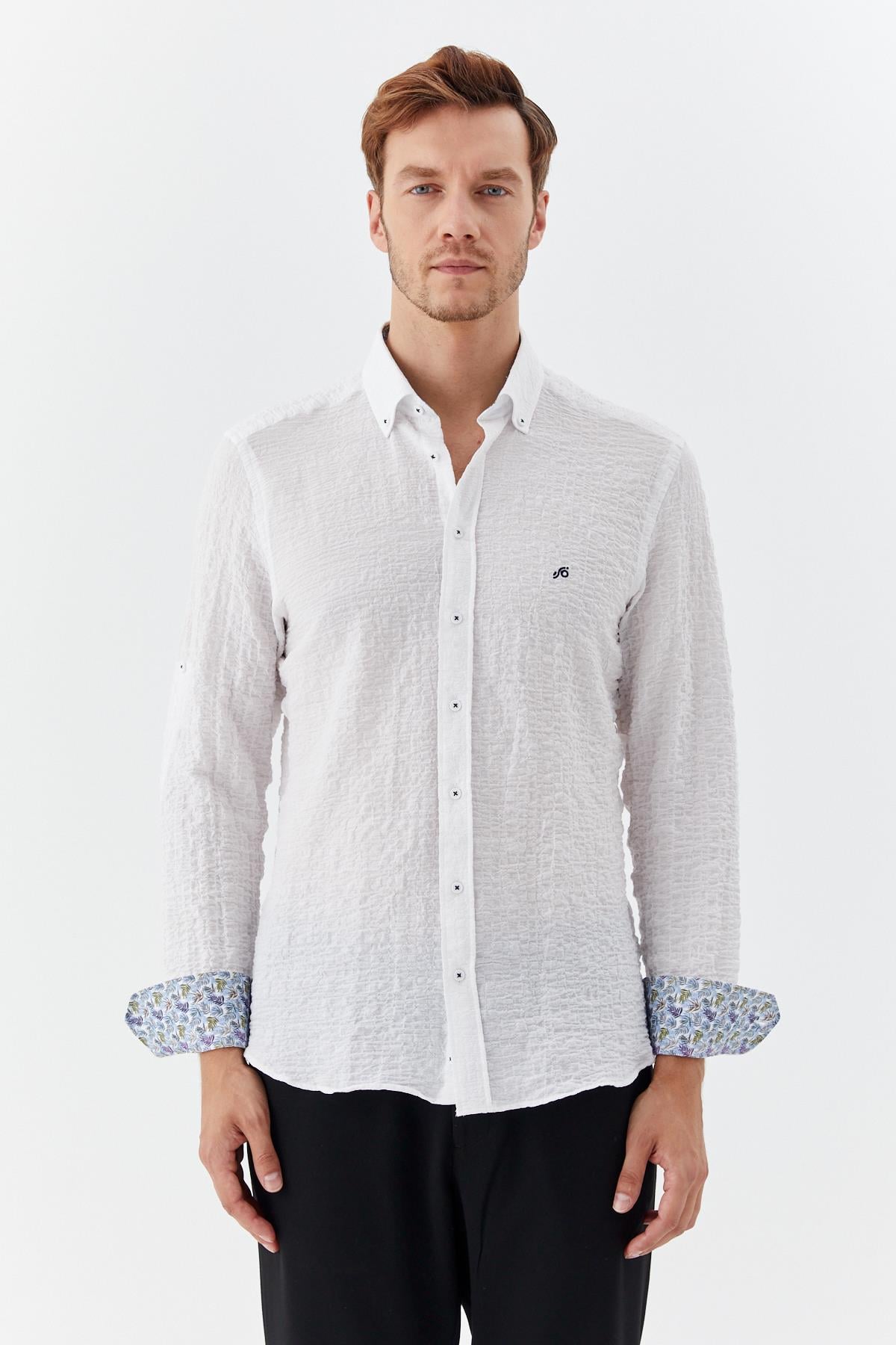 Erkek Beyaz Dar Kesim Slim Fit %100 Pamuk Baskılı Düğmeli Yaka Gömlek