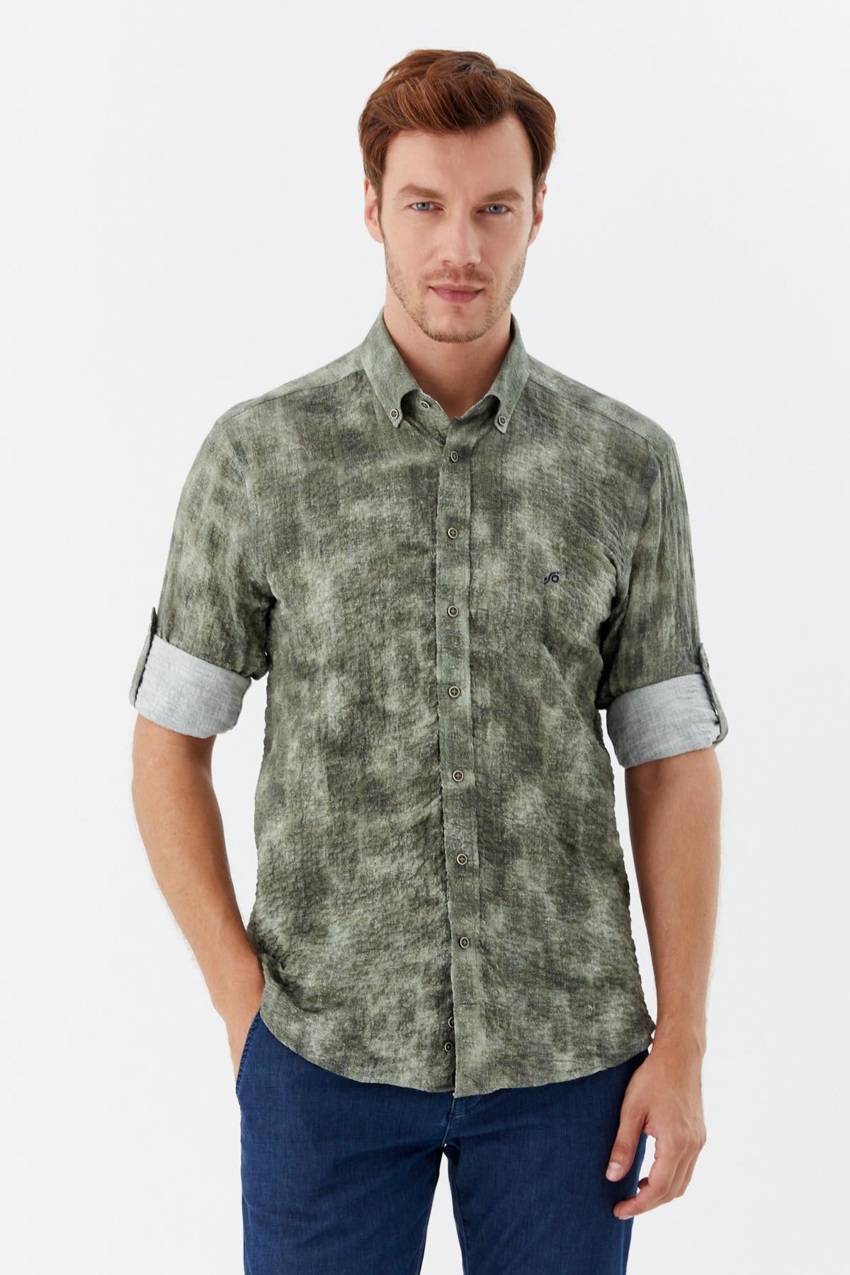Erkek Haki Dar Kesim Slim Fit %100 Pamuk Baskılı Düğmeli Yaka Gömlek