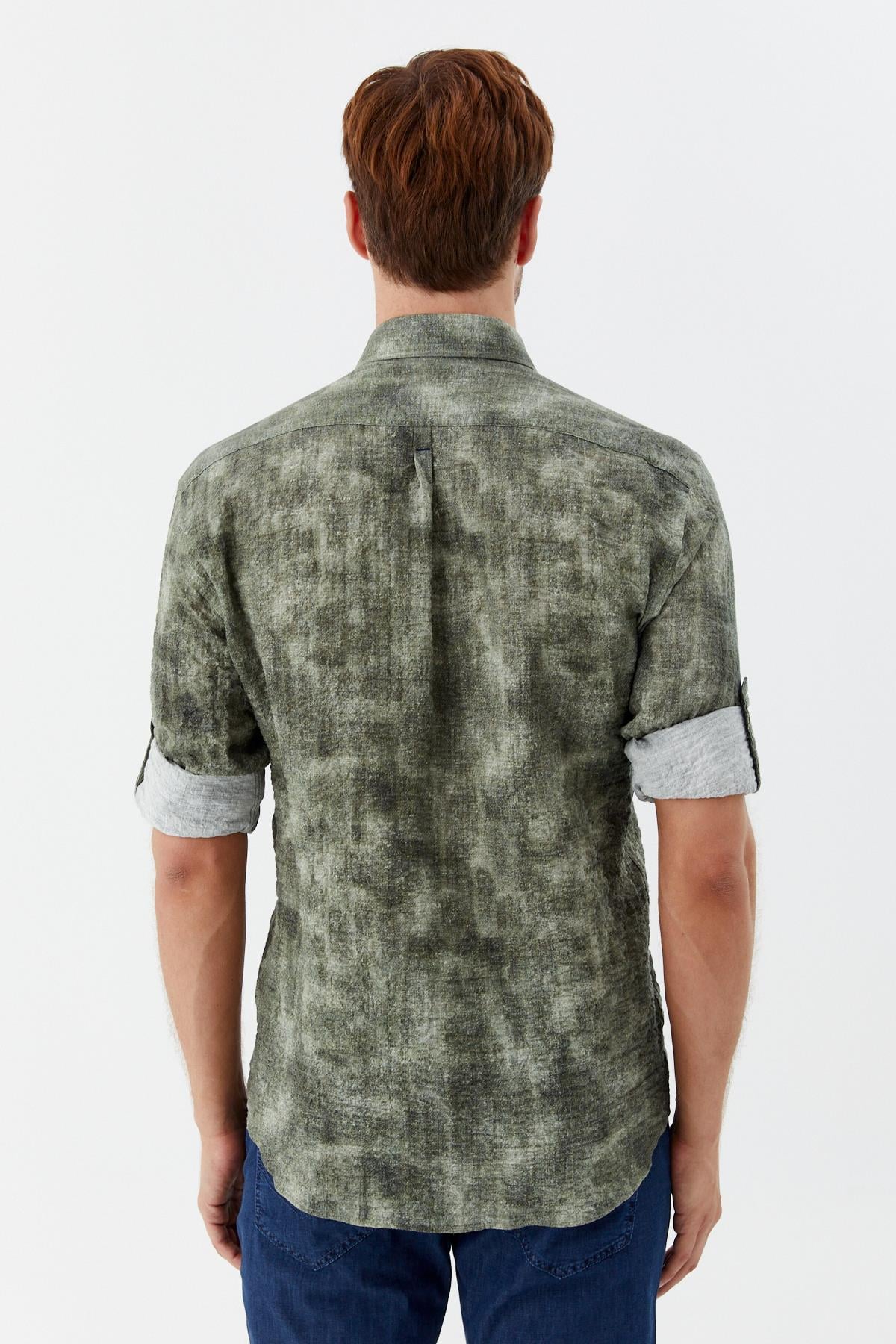 Erkek Haki Dar Kesim Slim Fit %100 Pamuk Baskılı Düğmeli Yaka Gömlek