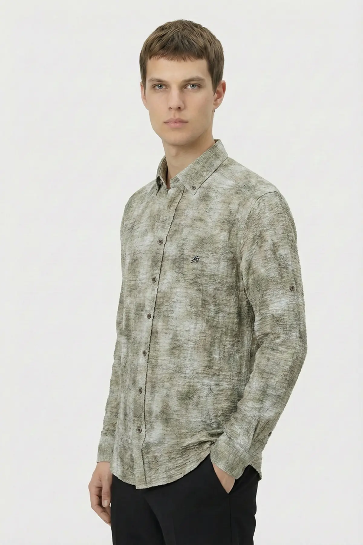 Erkek Vizon Dar Kesim Slim Fit %100 Pamuk Baskılı Düğmeli Yaka Gömlek