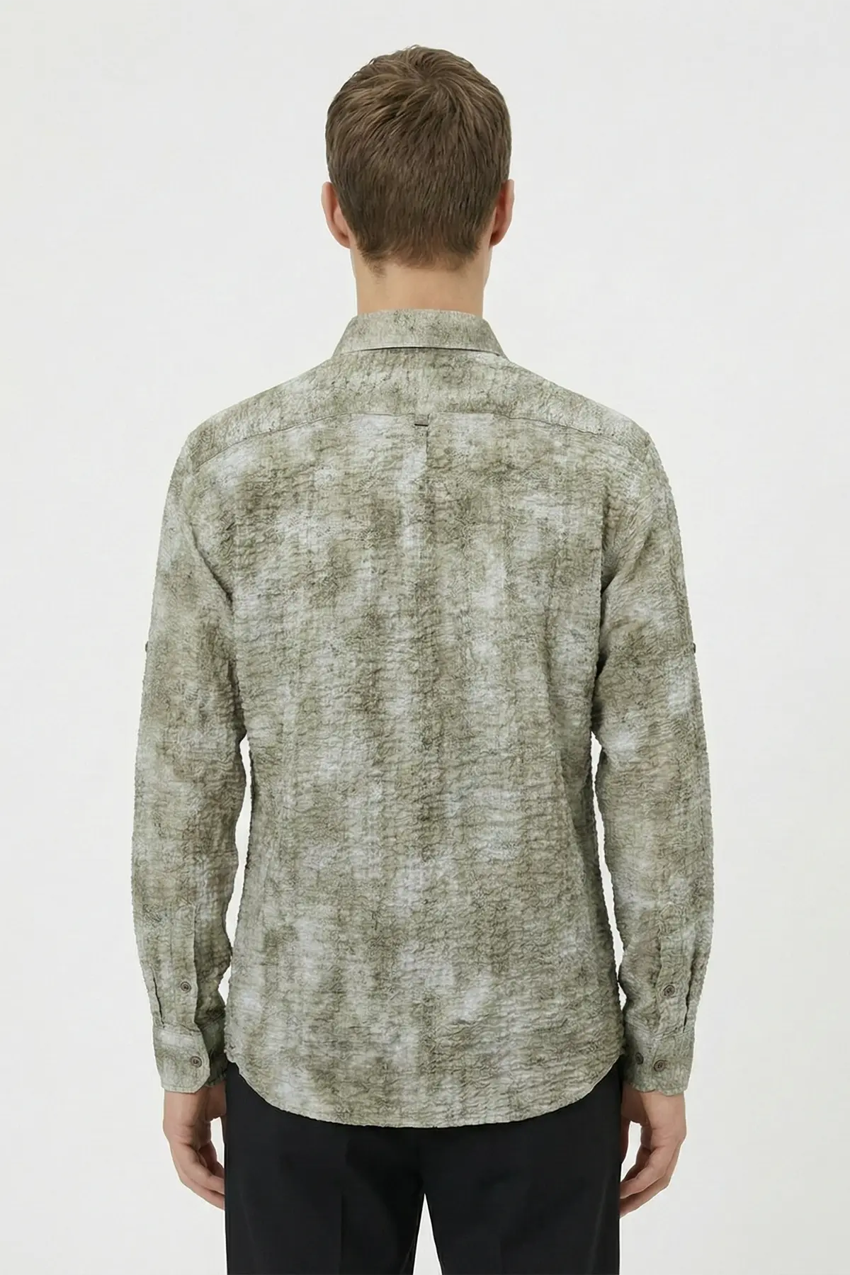 Erkek Vizon Dar Kesim Slim Fit %100 Pamuk Baskılı Düğmeli Yaka Gömlek