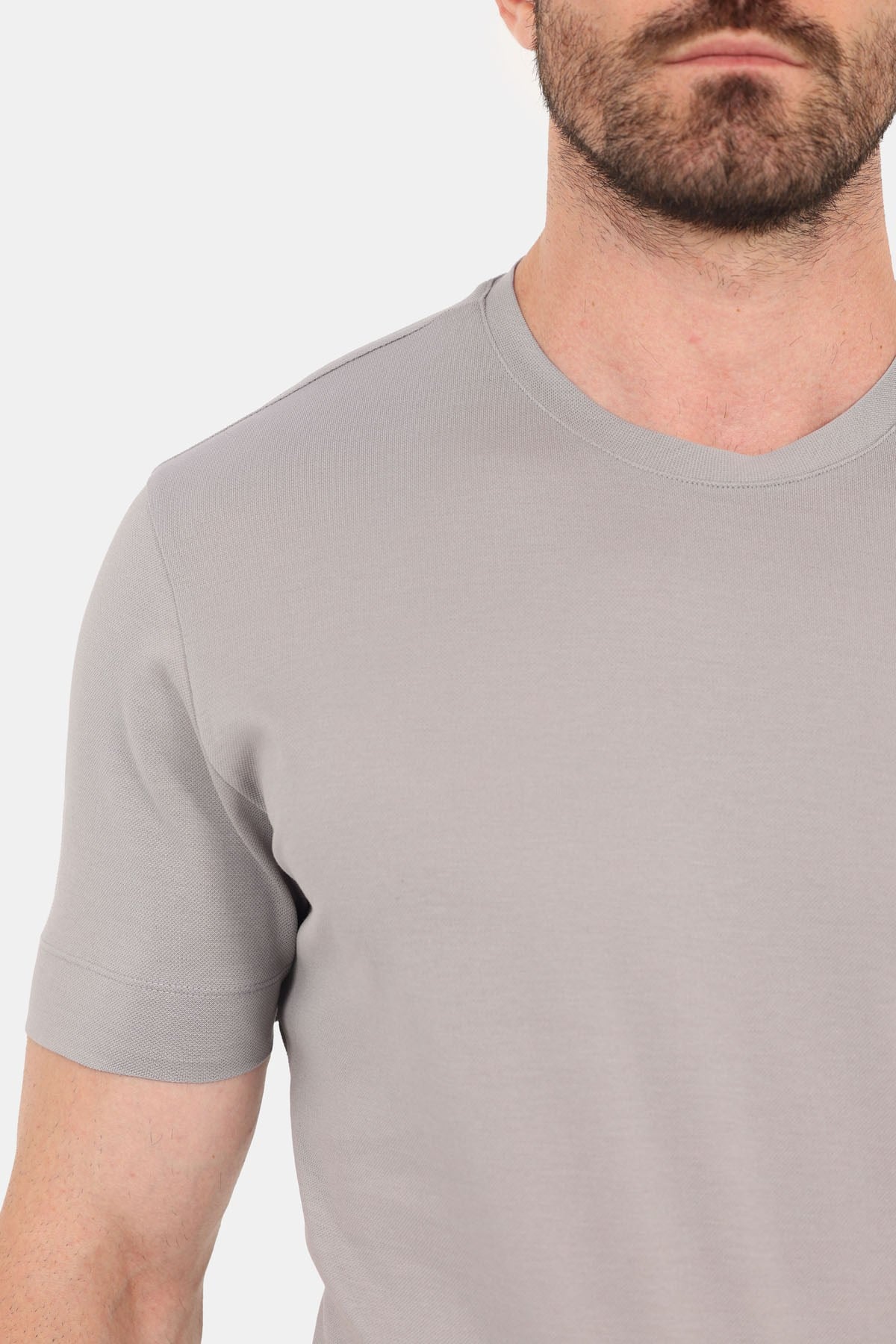 Gri %100 Pamuk Regular Fit Dokuma Bisiklet Yaka Basic T-Shirt