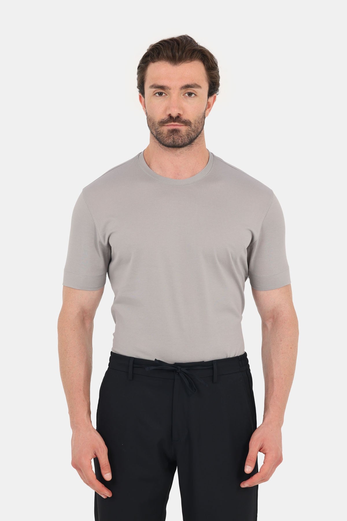 Gri %100 Pamuk Regular Fit Dokuma Bisiklet Yaka Basic T-Shirt