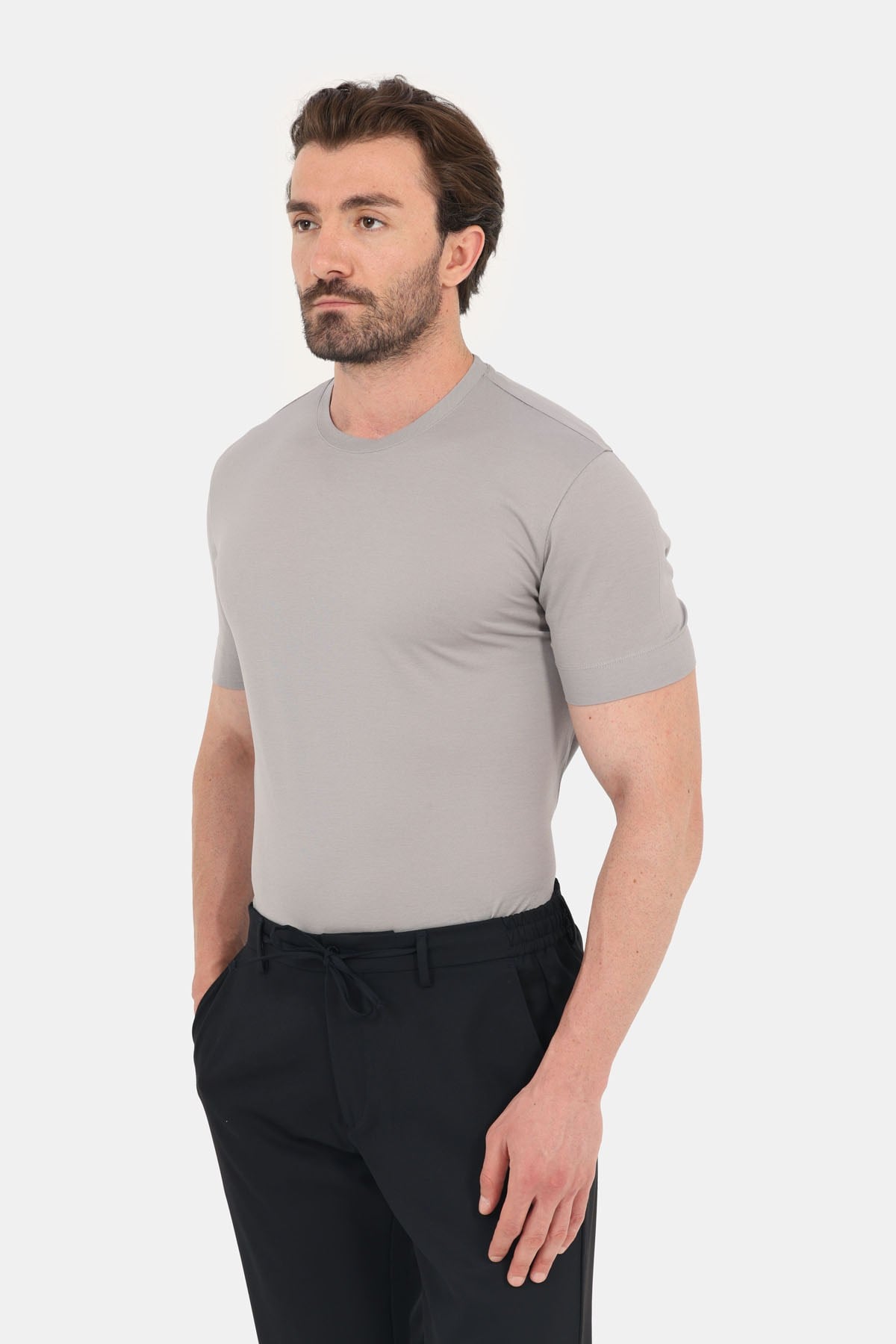 Gri %100 Pamuk Regular Fit Dokuma Bisiklet Yaka Basic T-Shirt