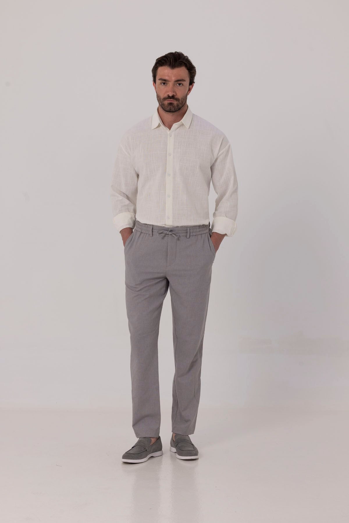 Gri Keten Görünümlü Arka Lastikli Köprü Kemerli Bağcıklı Regular Fit Jogger Pantolon